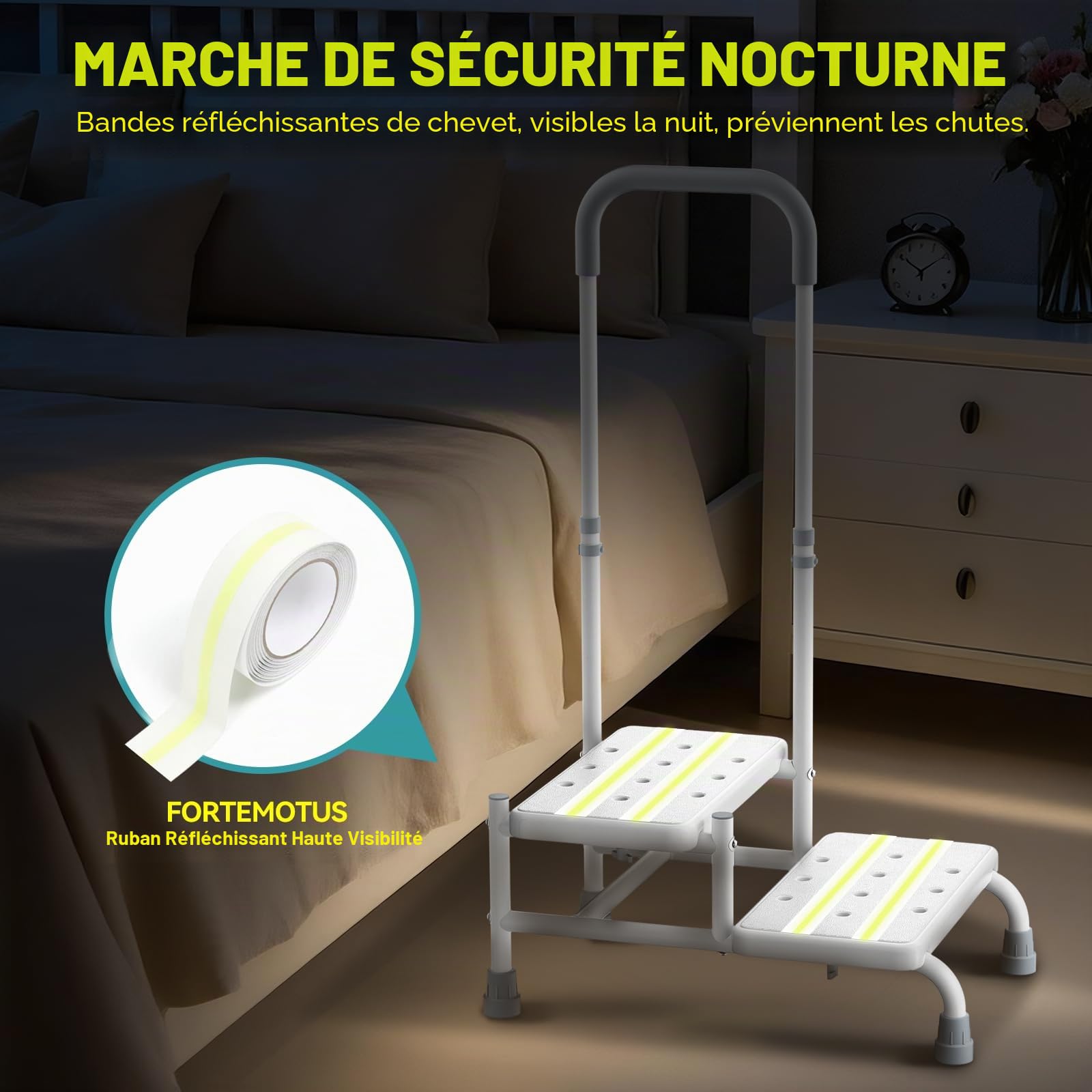 FORTEMOTUS Aide à l'entrée pour Douche Bain - Marche de Baignoire avec Poignée Maintien et 2 Marches, Escalier pour Terrasse, Barre d'appui Baignoire pour Personnes âgées, Jusqu'à 200 kg, Blanc