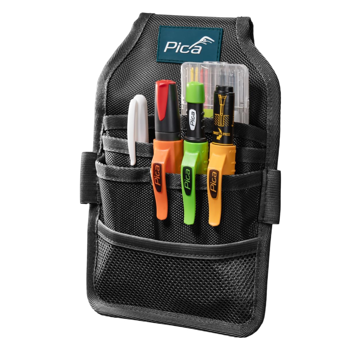 Pica Master Belt 55060 | Wysokiej jakości torba na pas | Pas narzędziowy dla rzemieślników | Zawiera Pica Dry 3030, wkłady Dry 4020, Ink czarny, Visor Permanent 990/40, Instant‑White 532