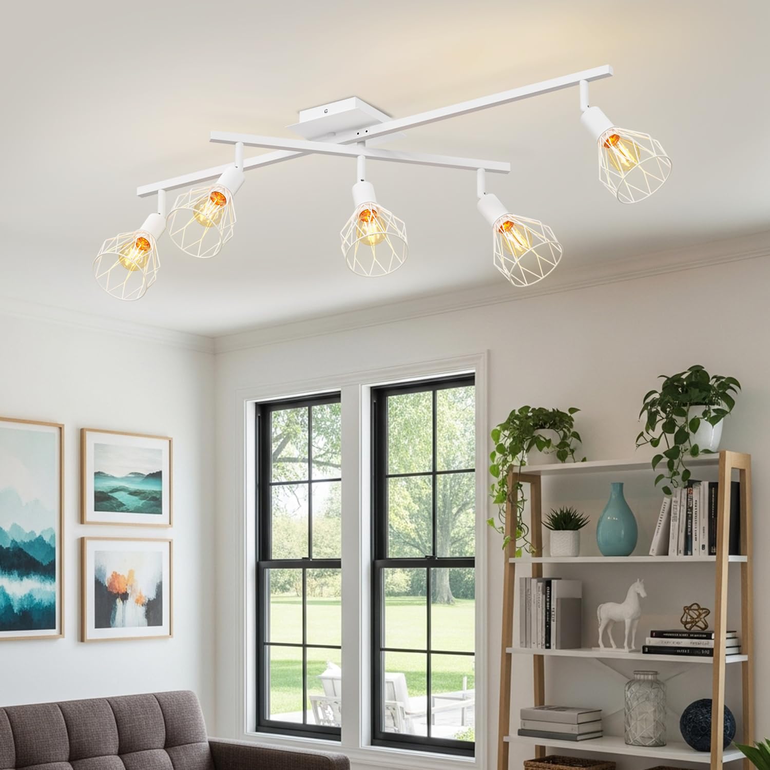 LVWIT Faretti Soffitto Bianco, Faretti Orientabili con 5 Attacco E14, Faretto da Interno Moderna, Lampadario Faretti per Barra, Salotto, Cameretta, Cucina,Corridoio Illuminazione (Senza Lampadina)