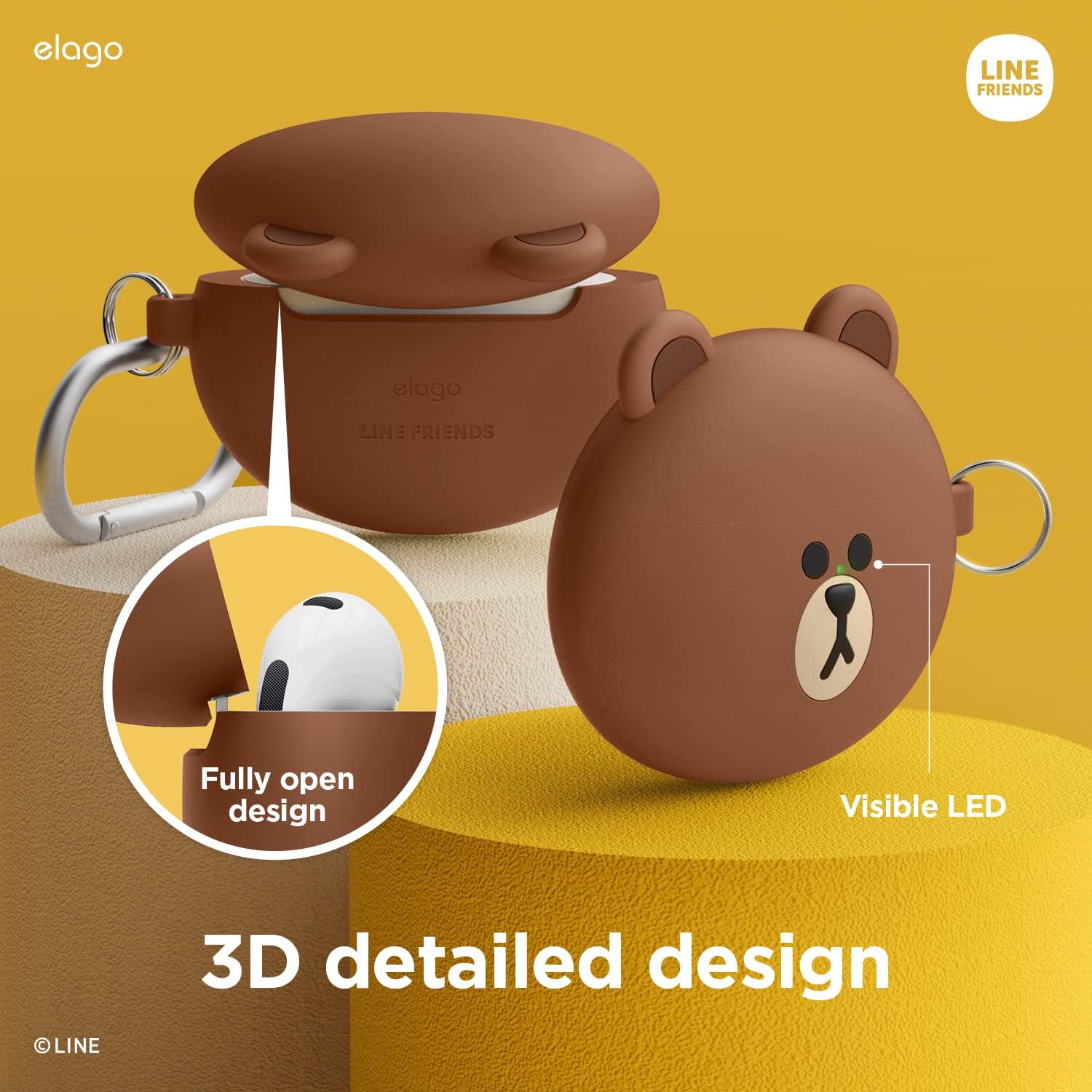 elago | LINE Friends Case Compatible with AirPods 3 Case Cover, Cute 3D Design Case Compatible with AirPods 3rd Generation Case 2021, Protective Silicone Case with Keychain, Wireless Charging (Brown)