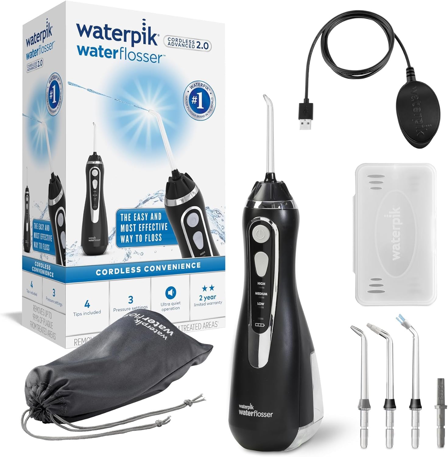 Waterpik Irrigador Dental Eléctrico WP-582EU, 3 Presiones, Cargador USB, Negro