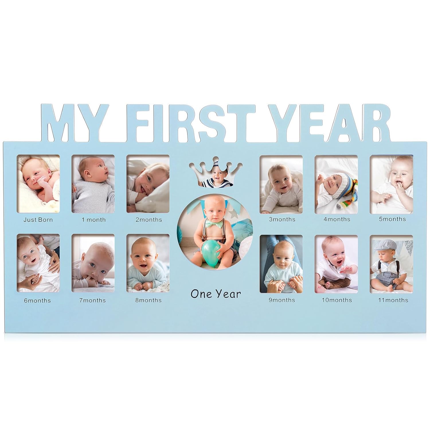 Large First Year Frame My First Year Baby Picture Frame for Photo Memories Monthly Photo Collage Gender Neutral Baby Milestone Wall Hangings New Mom Gift(Blue)