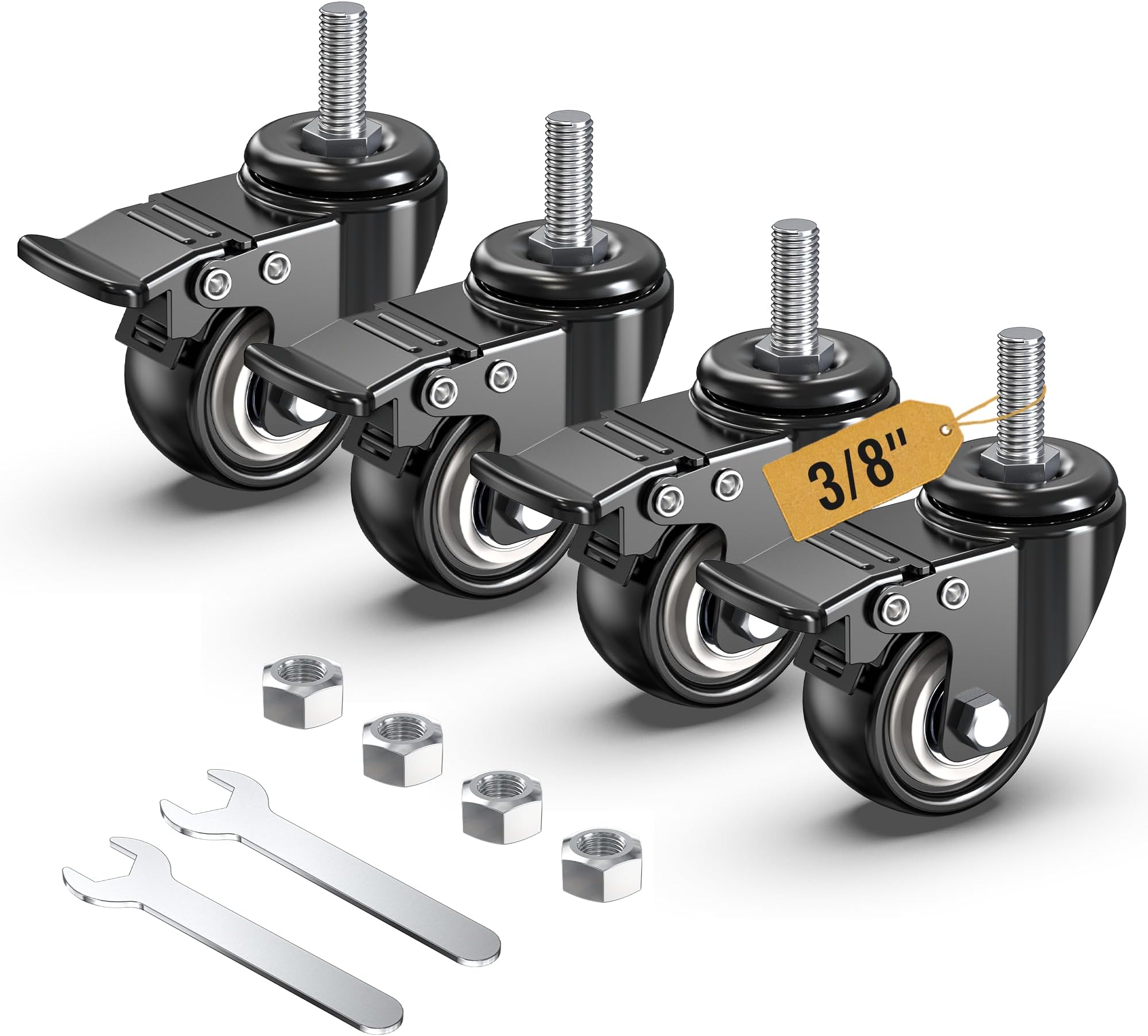 Stem Caster Wheels 2 inch Total Locking Casters Set of 4, Threaded Stem 3/8" -16 x 1 (Diameter 3/8", Length 1") Swivel Heavy Duty Castors Black