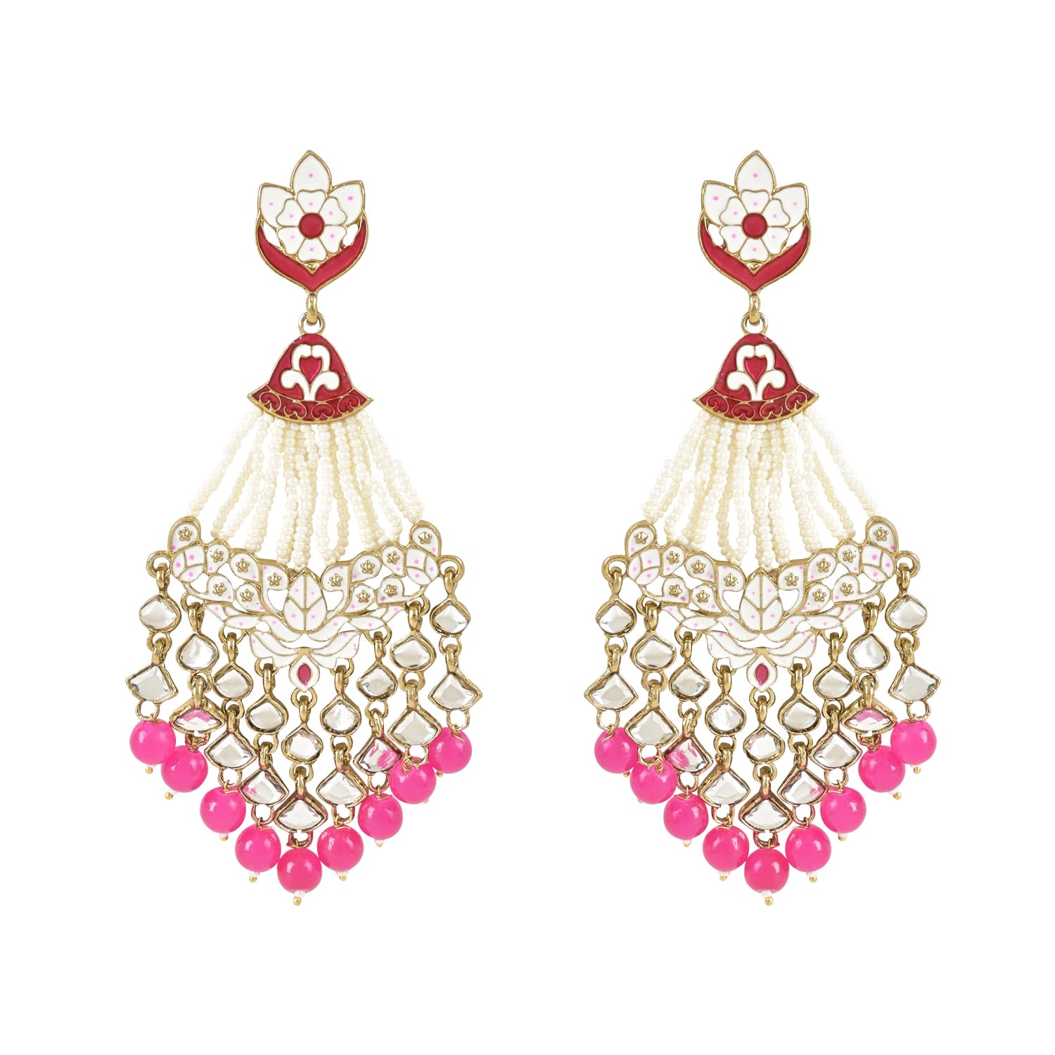 I Jewels Gold Plated Enamel Indian Wedding Party Wear Kundan Pearl Beads Fashion Earrings for Women