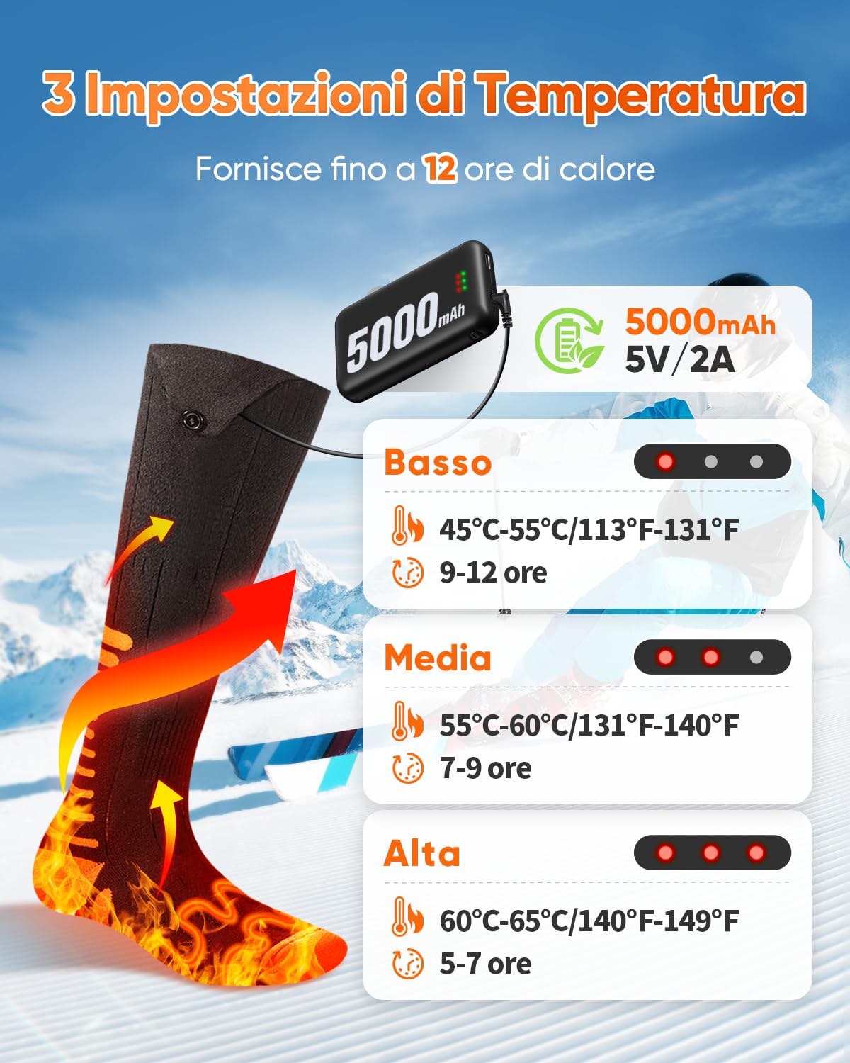 2026 Calze Riscaldate Aggiornati con Controllo APP, 5000mAh 5V Calze Riscaldanti Ricaricabili, 3 Impostazioni di Calore & Riscaldamento a 360 ° di Calzini Riscaldati Lavabili per Sci Caccia Escursioni