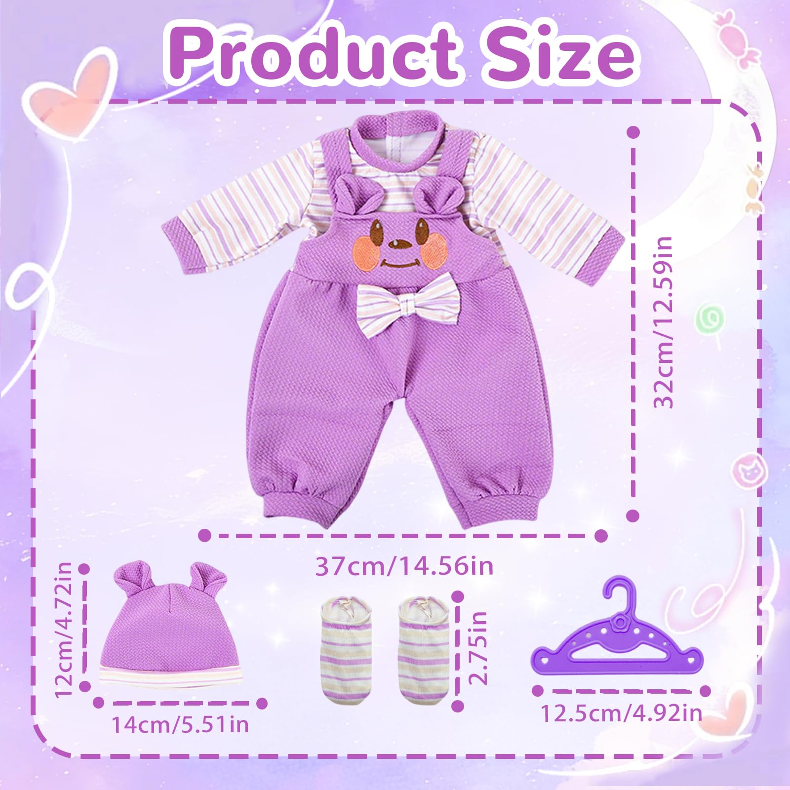 Baby Doll Clothes Outfit for 14-18 Inch Dolls (35-45 cm), 5‑Piece Purple Bear Baby Doll Outfit Set including Onesie, Hat - Image 2