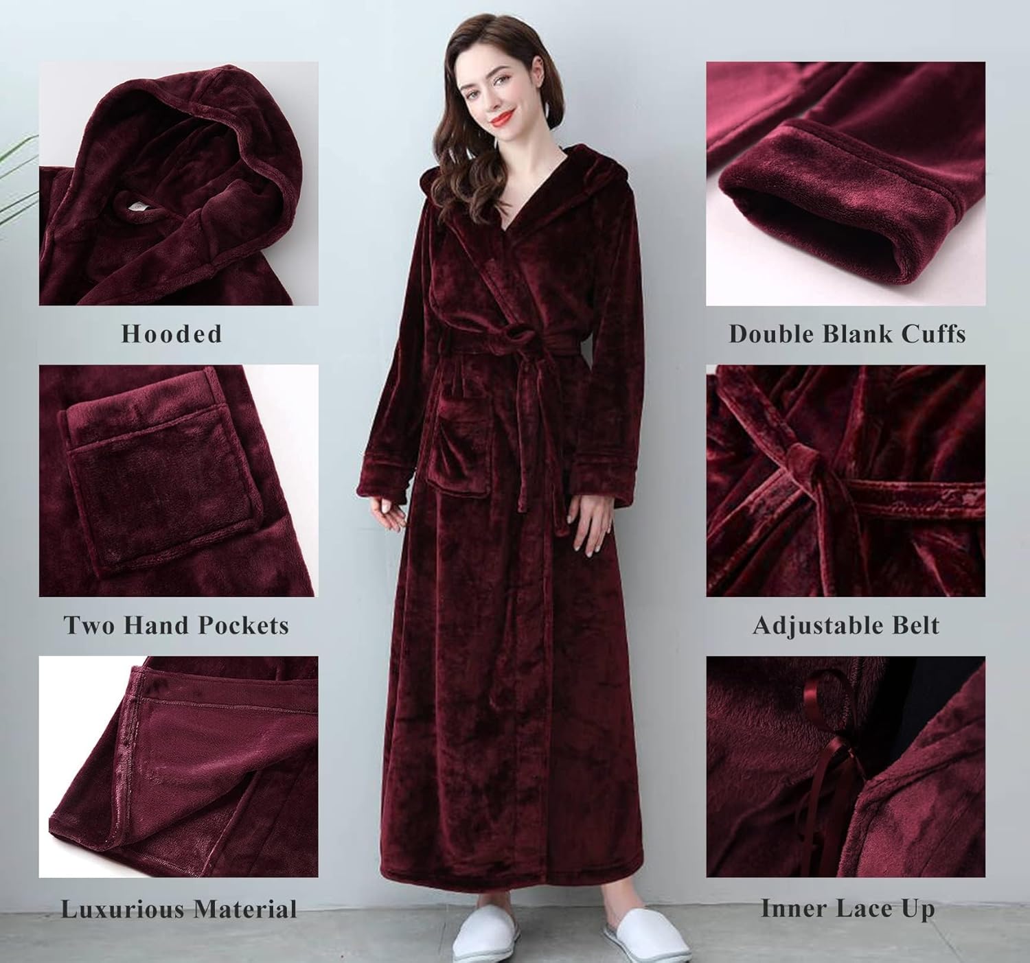 Flygo Womens Fuzzy Plush Long Hooded Robe Full Length Flannel Fleece Bathrobe Warm Housecoat - Image 2
