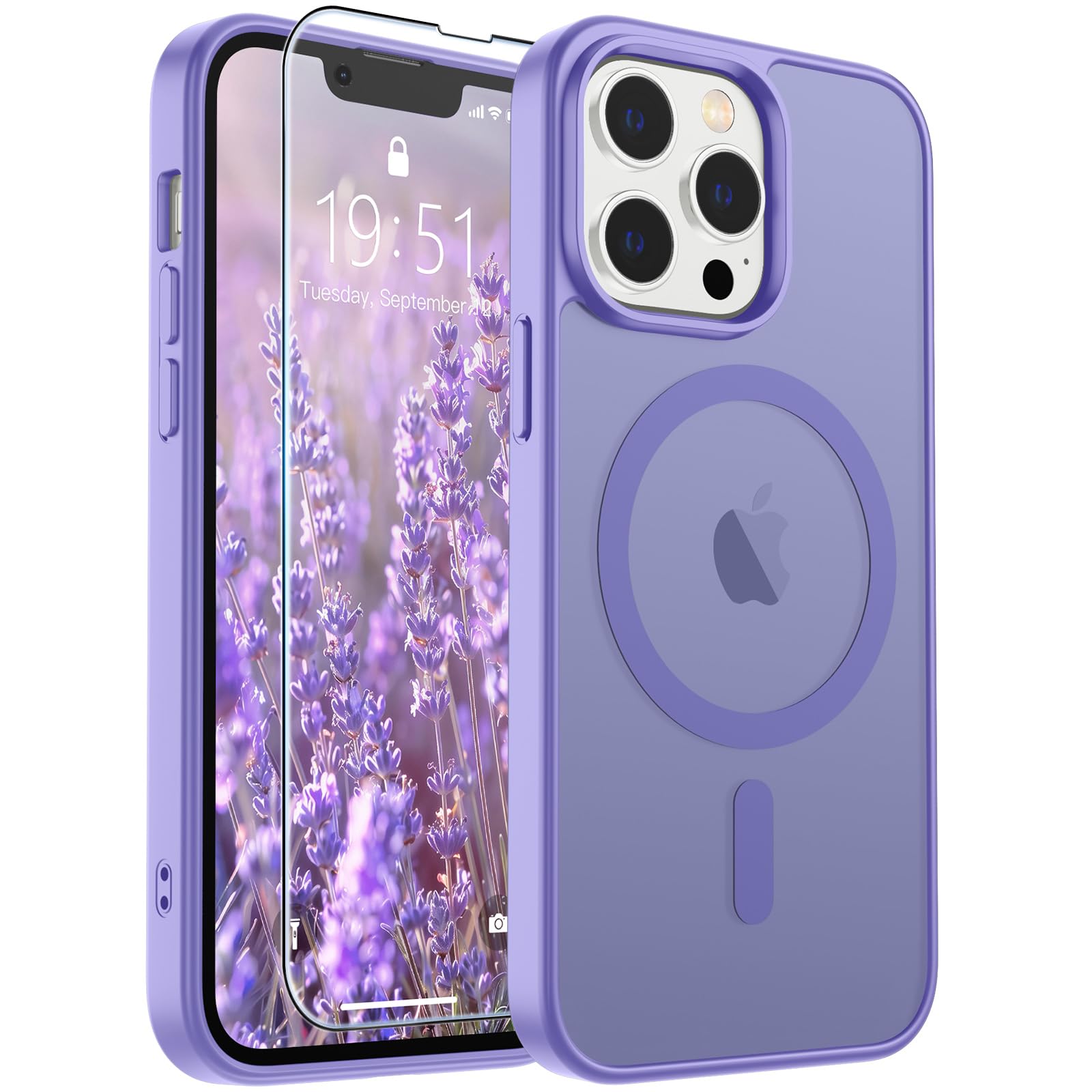 SUPFINE Magnetic for iPhone 13 Pro Max Case Purple | With Screen Protector, Translucent Matte, Compatible with MagSafe, Military Grade Drop Proof, Rugged Shockproof Protective