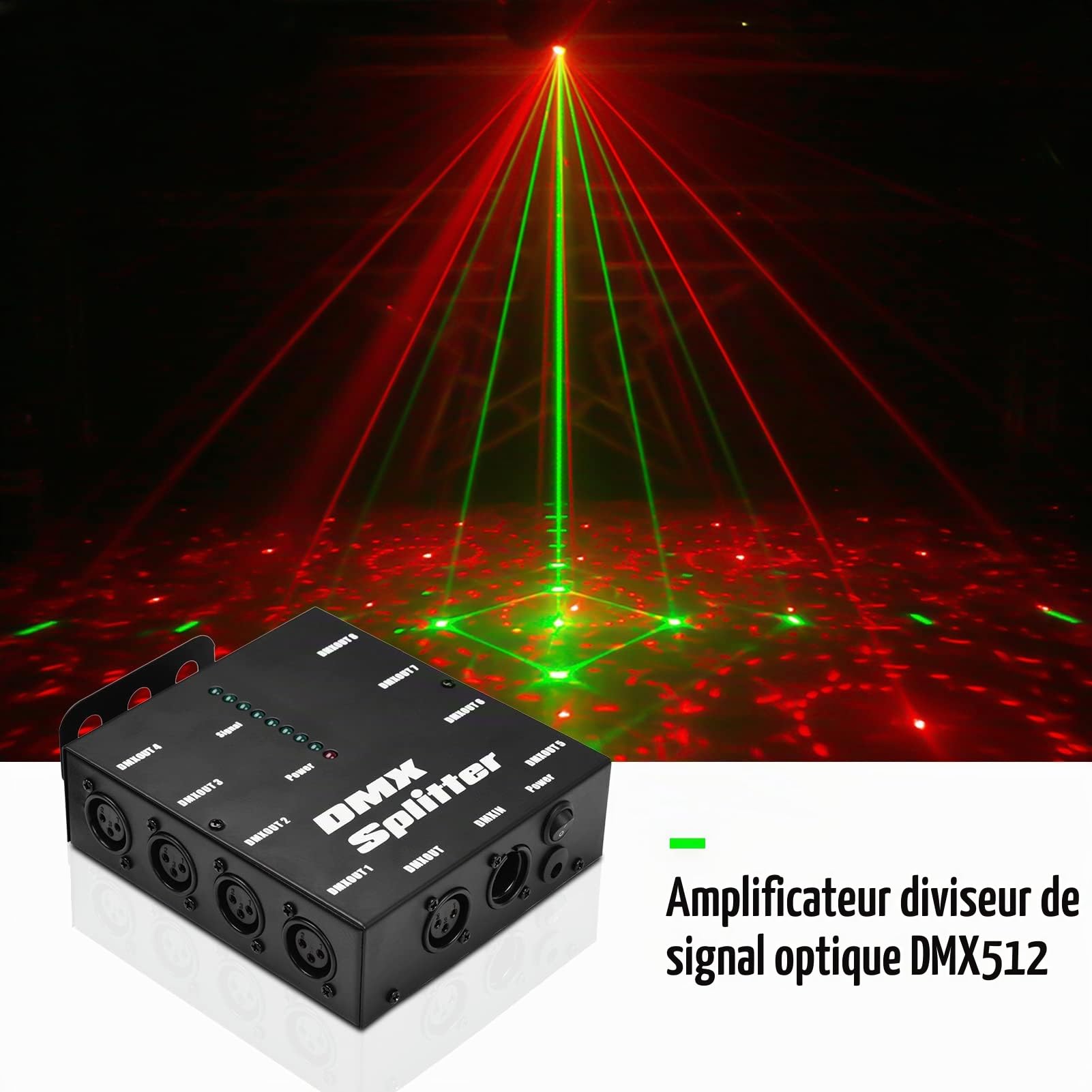 Splitter ,HUIOP 512 Amplificateur de signal optique Spliter Distributeur 1 Entrée et sortie directes 8 Sorties indépendantes pour les contrôleurs de lumières Console de scène Party DJ Club