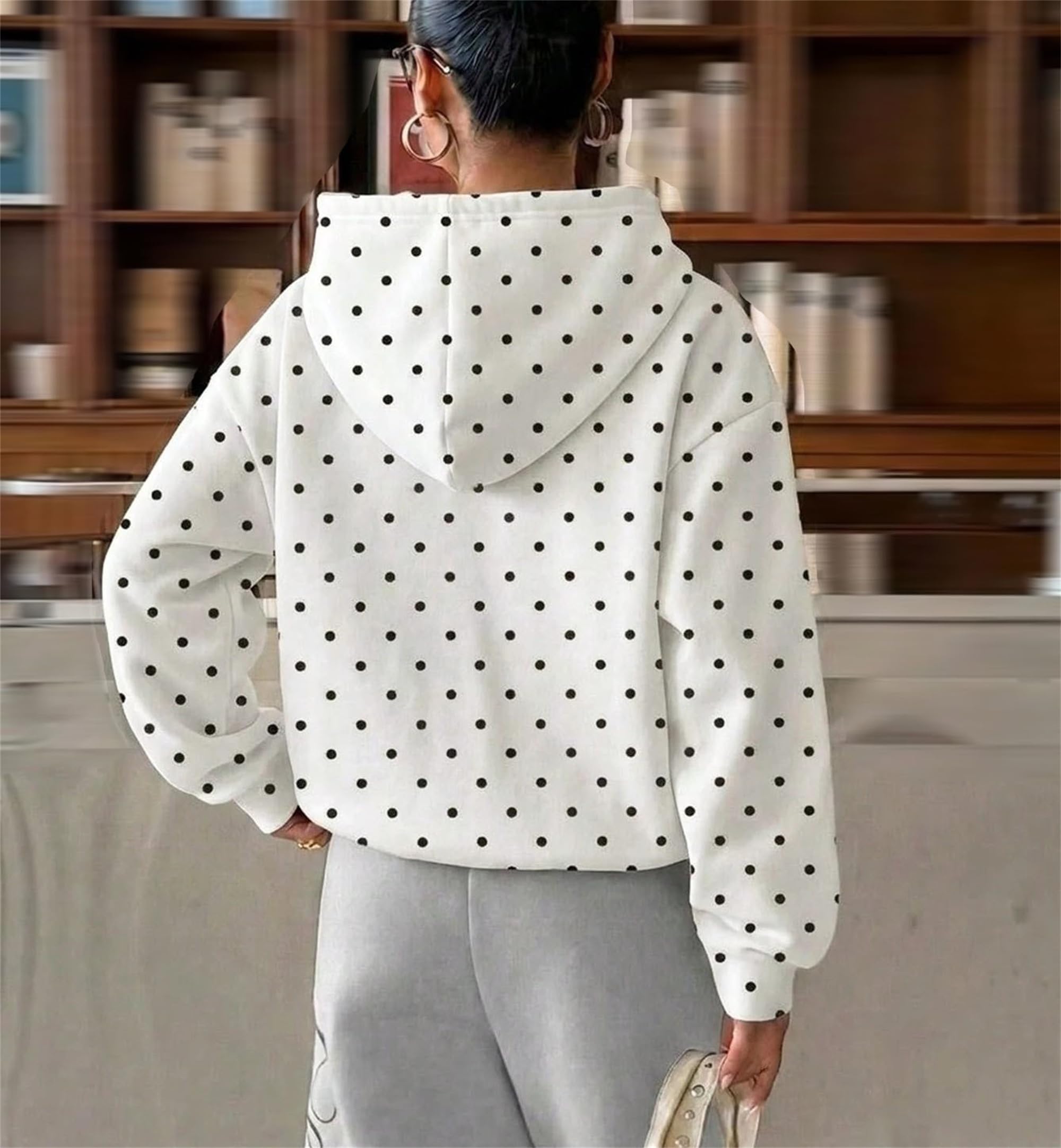 Generisch Damska bluza z kapturem w kropki oversize bluza z kapturem bluza rekreacyjna top (biała, M)