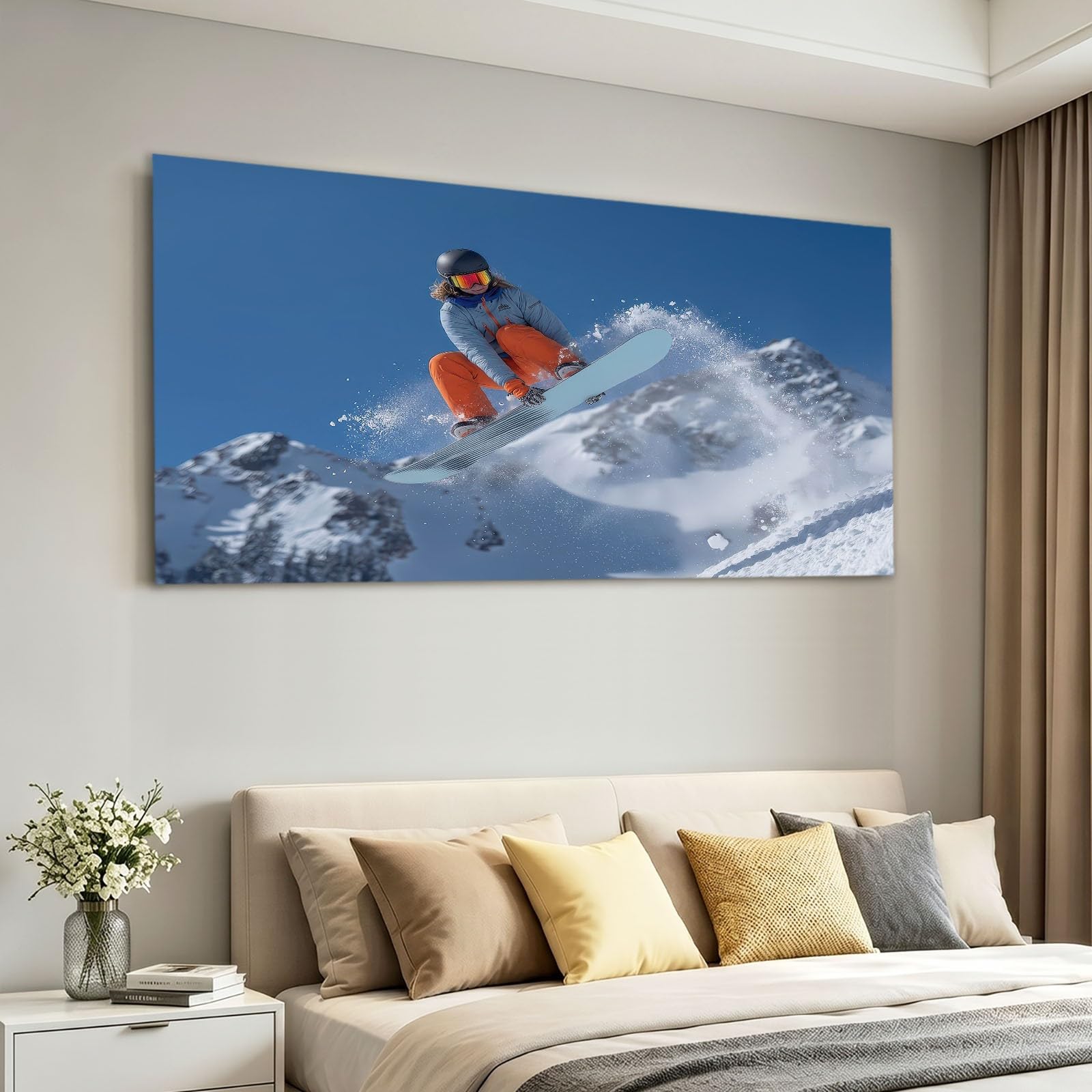 Stampa artistica da parete su tela, 120 x 80 cm (lunghezza x larghezza), con cornice, con sciatore sportivo, per bagno, camera da letto, soggiorno, pareti, con ganci e chiodi