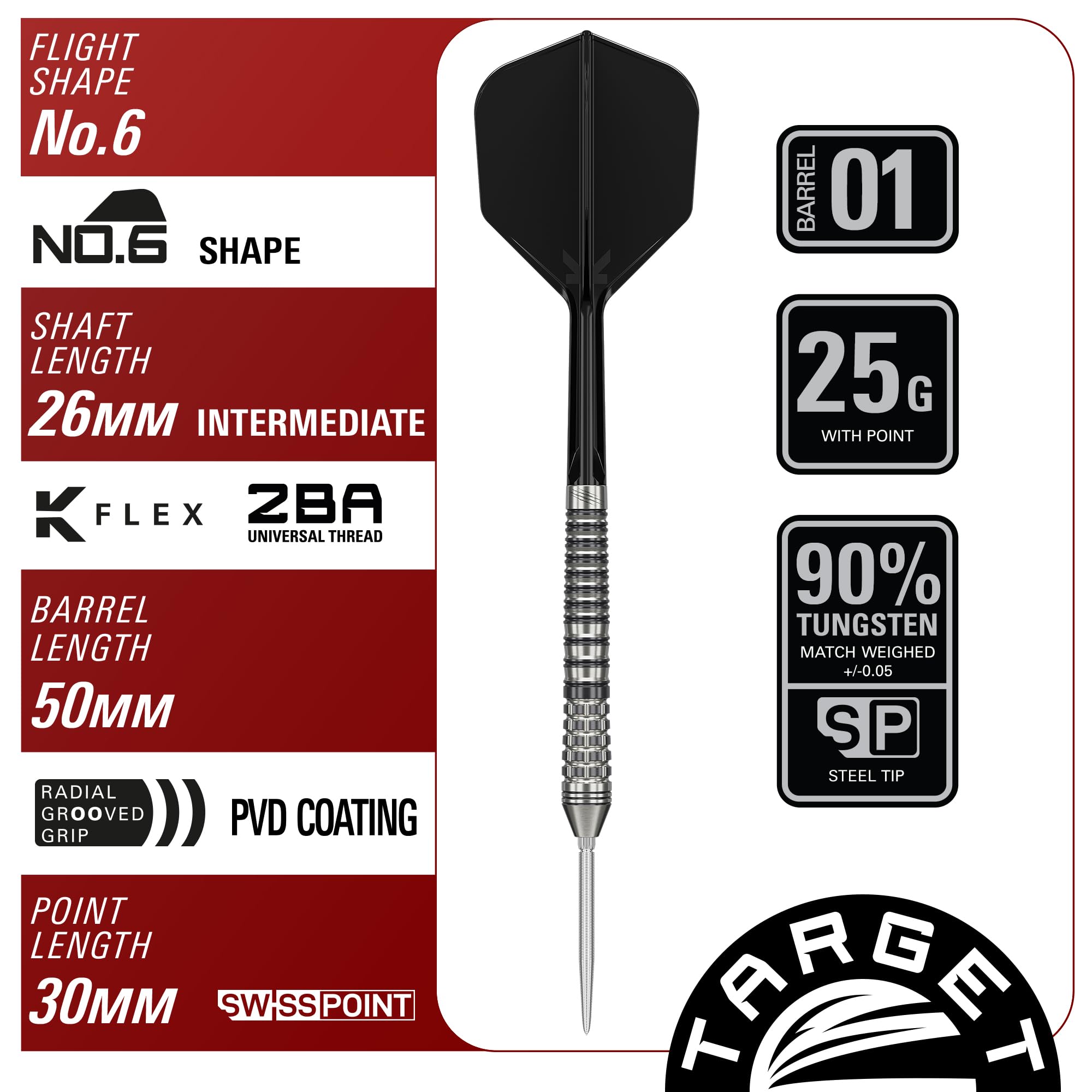 Target Japan Black Marque Renegade 4.0 Steel Tip Darts with Kflex, 23G/25G | Zestaw do rzutek zawierający 90% wolframu, lotki K-Flex i shafty nr 6, Nano Swiss Points, gracz Jun Kawashima