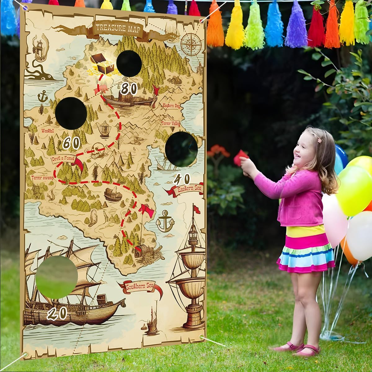 Upgraded, Pirate Game, Funny Treasure Map Toss Games, for Kids Teen, with 4 Bean Bags, Premium Banner, Accessories and Storage Bag, Ideal Pirate Theme Birthday Party Decorations