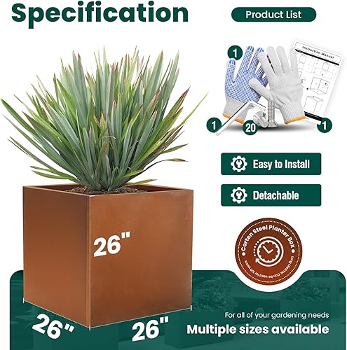 Miniatura 2 de Corten - Maceta de acero cuadrada de metal, maceta grande de acero, para exteriores, planta alta, duradera, antigüedad, separada para patio, terraza