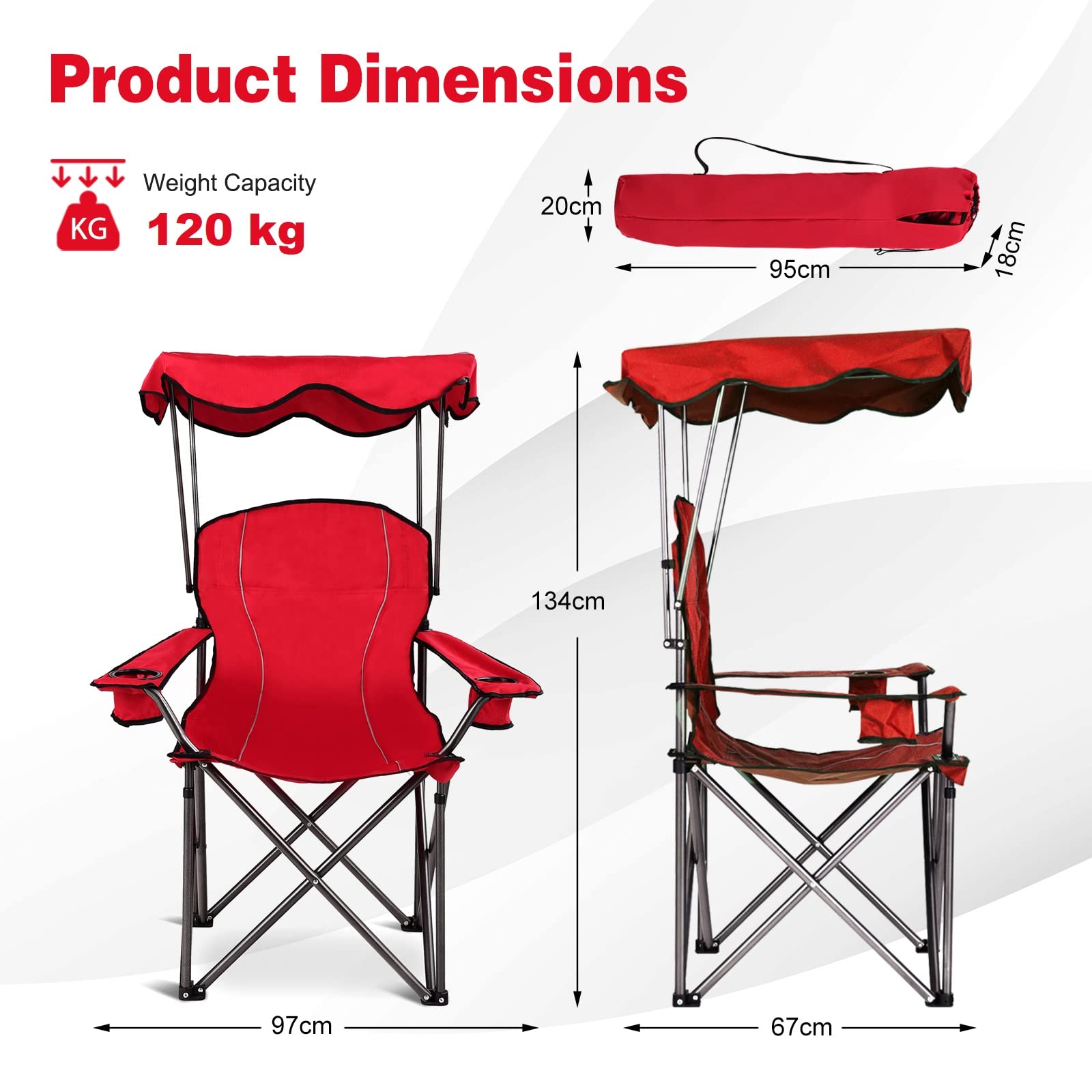GIANTEX Sedia Pieghevole da Campeggio Leggera con Tetto, 2 Portabicchieri e Borsa per il Trasporto, per Patio, Spiaggia, Campeggio, 91x67x137cm, 2 Colori (Rosso)