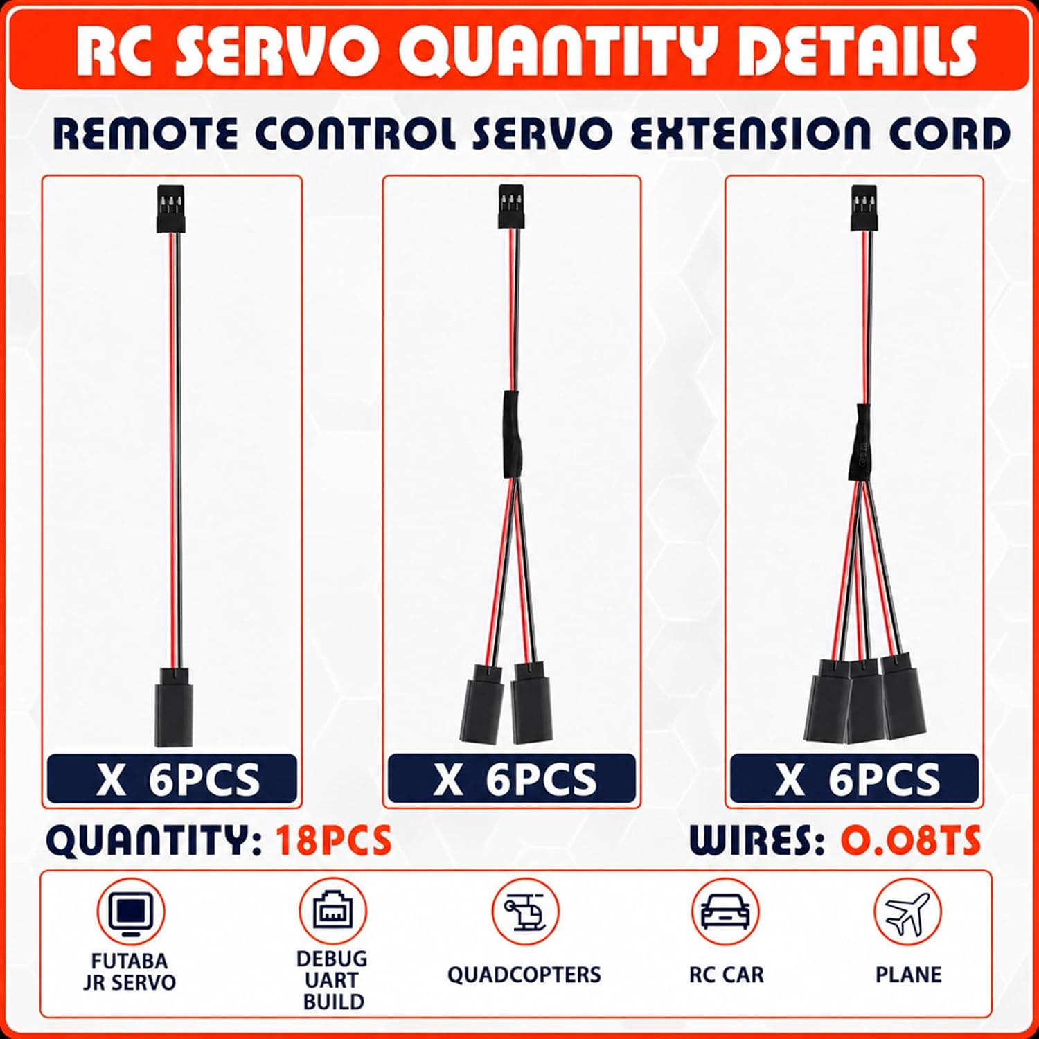 6-Pack Servo Extension Y-Splitter Cable Kit, 3-Pin, 15cm image 3