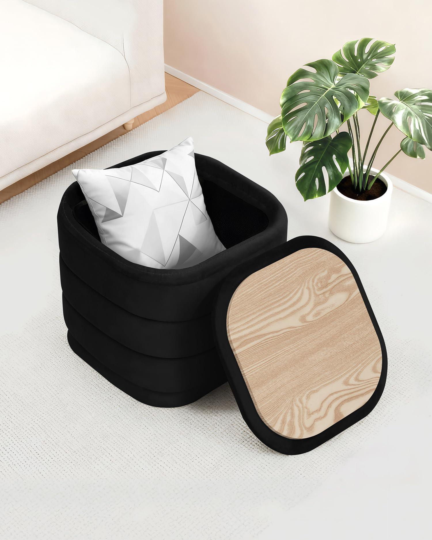 Bonlife otomana con Espacio de Almacenamiento, reposapiés Plegable con Mesa, reposapiés, reposapiés para salón, Dormitorio, Pasillo, Terciopelo Negro, 38 x 38 x 38 cm