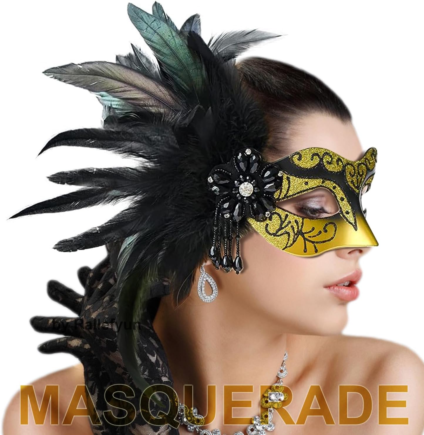 Masquerade Mask for Women Shiny Venetian Mask for Halloween Mardi Gras Costume Party Ball with Feather flower dec. - Image 7
