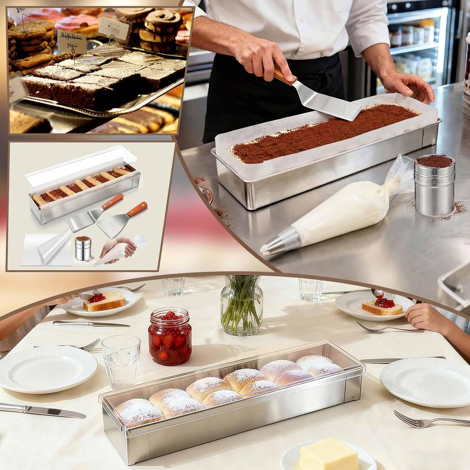 Blushtier Nonstick Rectangle Tiramisu Baking Kit with Removable Tiramisu Pans 304 Stainless Steel 15.75 x 3.94 x 2.56 Inches Cake Pans, Scraper, Cocoa Powder Sieve, 30 Piping Bags, 10 Baking Papers