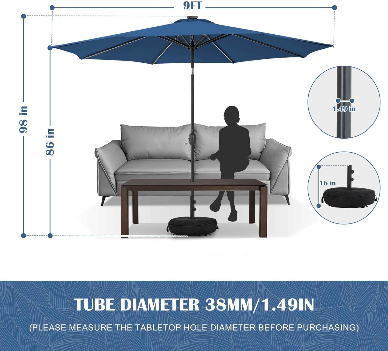 Sundale Outdoor Solar 80 LED 9 ft Patio Umbrella with Sand Bag Umbrella Base, Outdoor Umbrella with Tilt and Crank, Navy