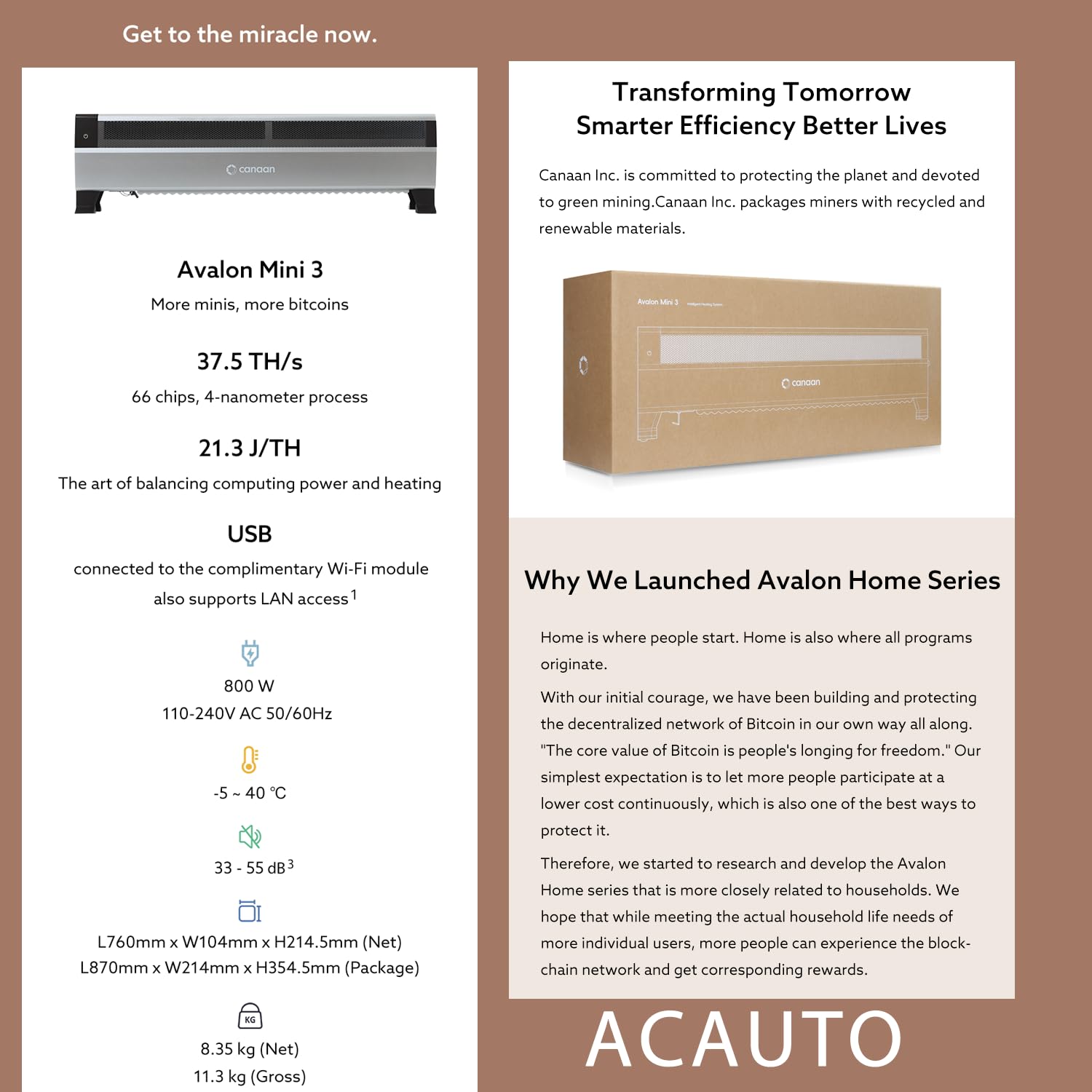 Mineur de chauffage Canaan Avalon Mini 3 BTC – 37,5 TH/s 800 W Bitcoin ASIC  –
