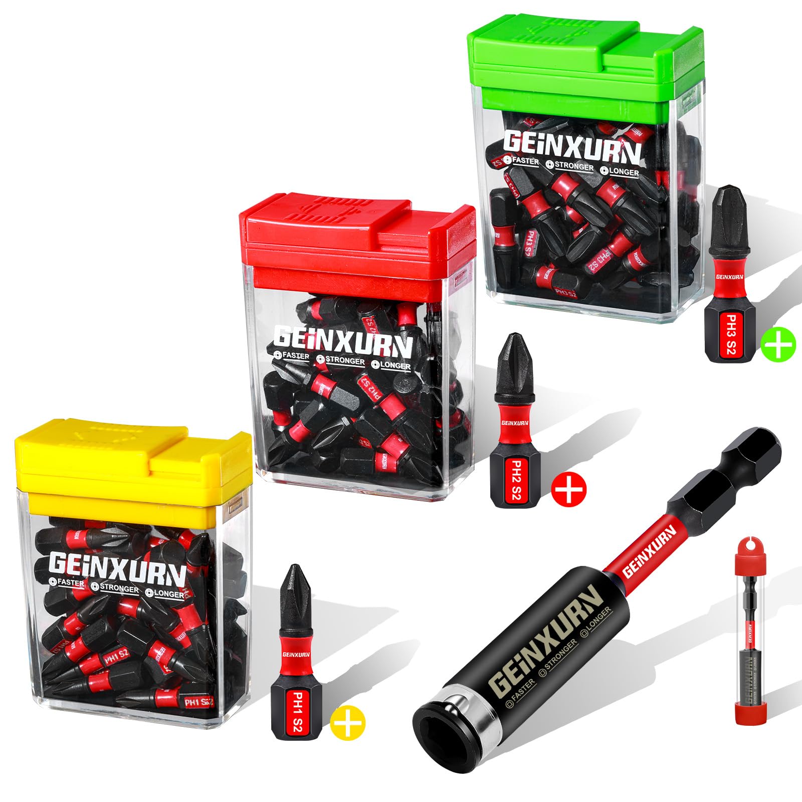 Geinxurn Impact Phillips Screwdriver Bits Set, 90 Pieces 1" Magnetic(PH1/PH2/PH3) S2 Steel Multi Cross Driver Bits and 1 PcsBit Holder with Storage