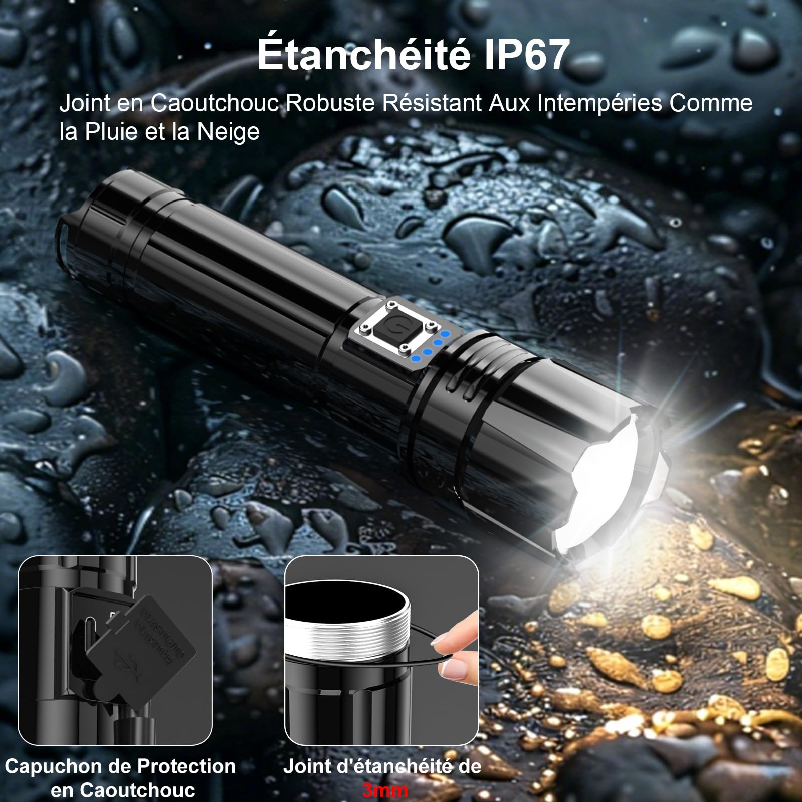 Shadowhawk Lampe Torche LED Ultra Puissante, 1,000,000 Lumens Lampe de Poche Rechargeable, Lampe Tactique XHP70.2, IP67 Étanche 5 Modes D'éclairage pour Camping Randonnée Urgence