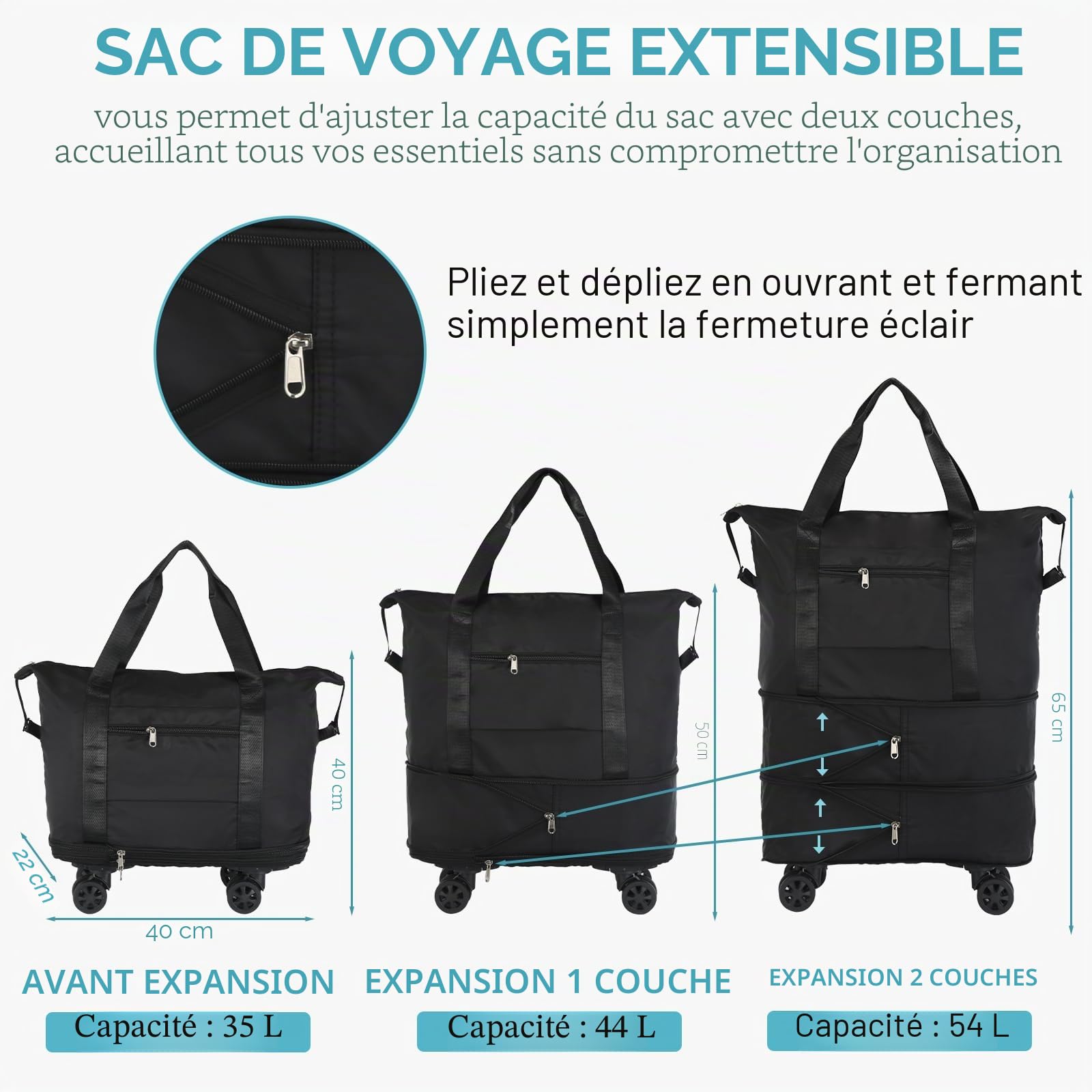 VOOWO Sac de Voyage à roulettes Extensible Pliable avec roulettes pour Voyage Bagage à roulettes Bagage à Main Sac de Voyage Grand Sac de Week-End pour Homme et Femme, Noir, 15.7 x 8.6 x 15.8 inches