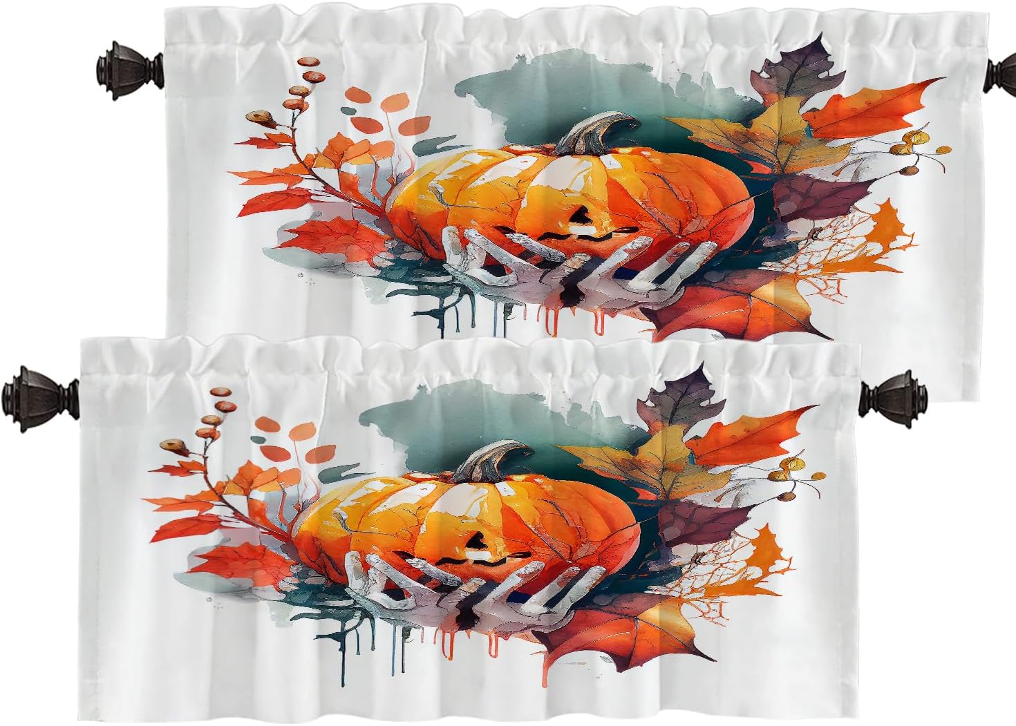 Batmerry Halloween Watercolor Pumpkin Valance Curtains, Skeleton Hands Autumn Leaves Window Treatment Kitchen Valances Multilayer Polyester Blackout for Living Room/Bathroom, 2 Pack 52x18 inches