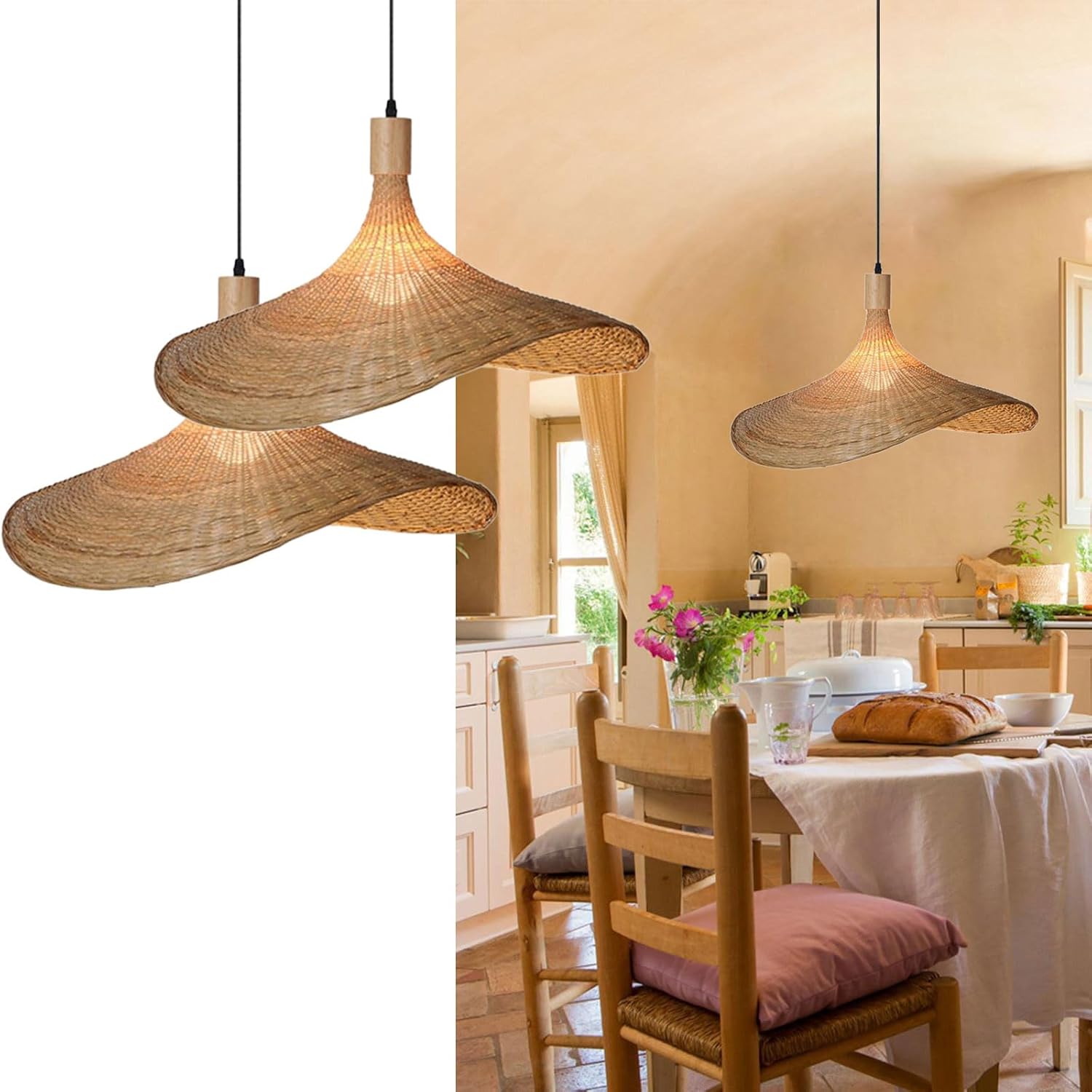 2 Pack Bamboo Chandelier Wicker Pendant Lighting Fixture, Vintage Hand-Woven Straw Hat Lampshade Rattan Hanging Ceiling Light for Craft Dining Room Bar Cafe Restaurant