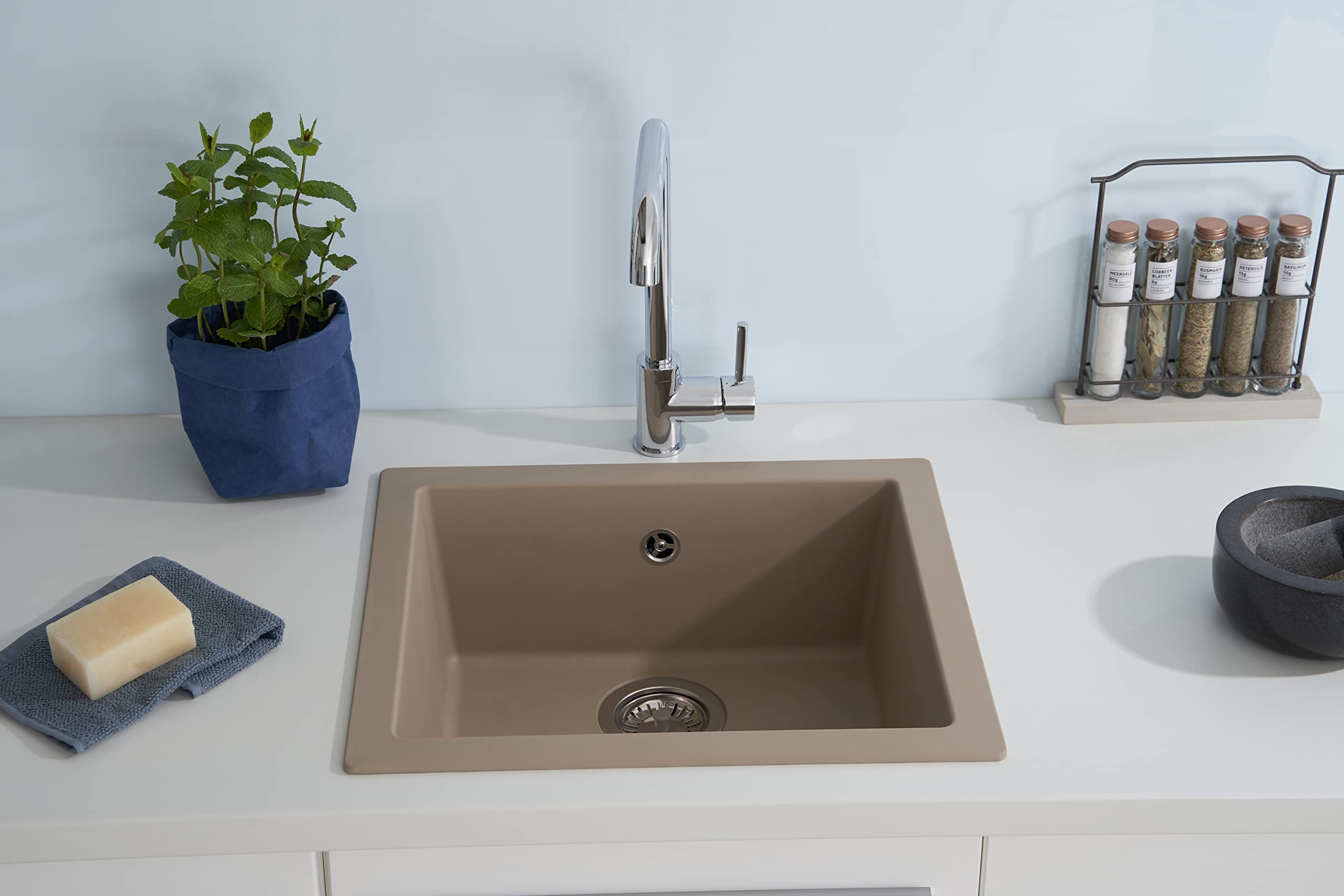 Respekta Ohio Lavello in Mineralite beige sabbia/Lavello da incasso a 1 vasca da 50 x 44 cm/Lavello adatto a basi da 50 cm di larghezza