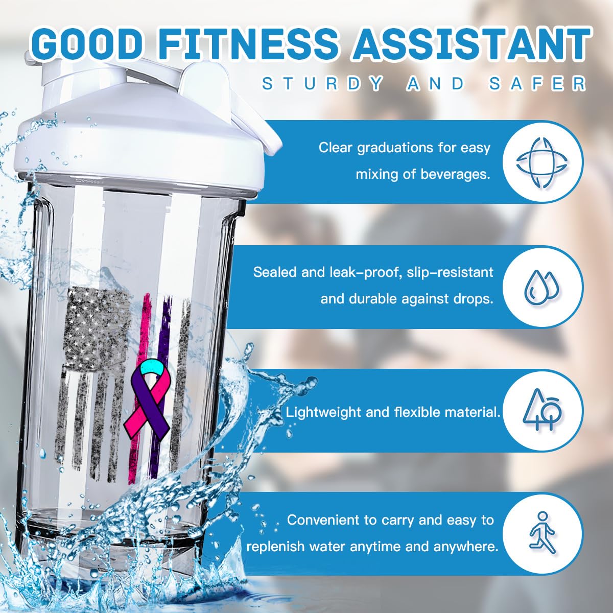 Thyroid Cancer Awareness America Flag 18 Ounce Shaker Bottle Drink Mixer Leak-proof Pre Workout Protein Shakes Meal Replacement Shakes Bottles 500ML/18 Oz White