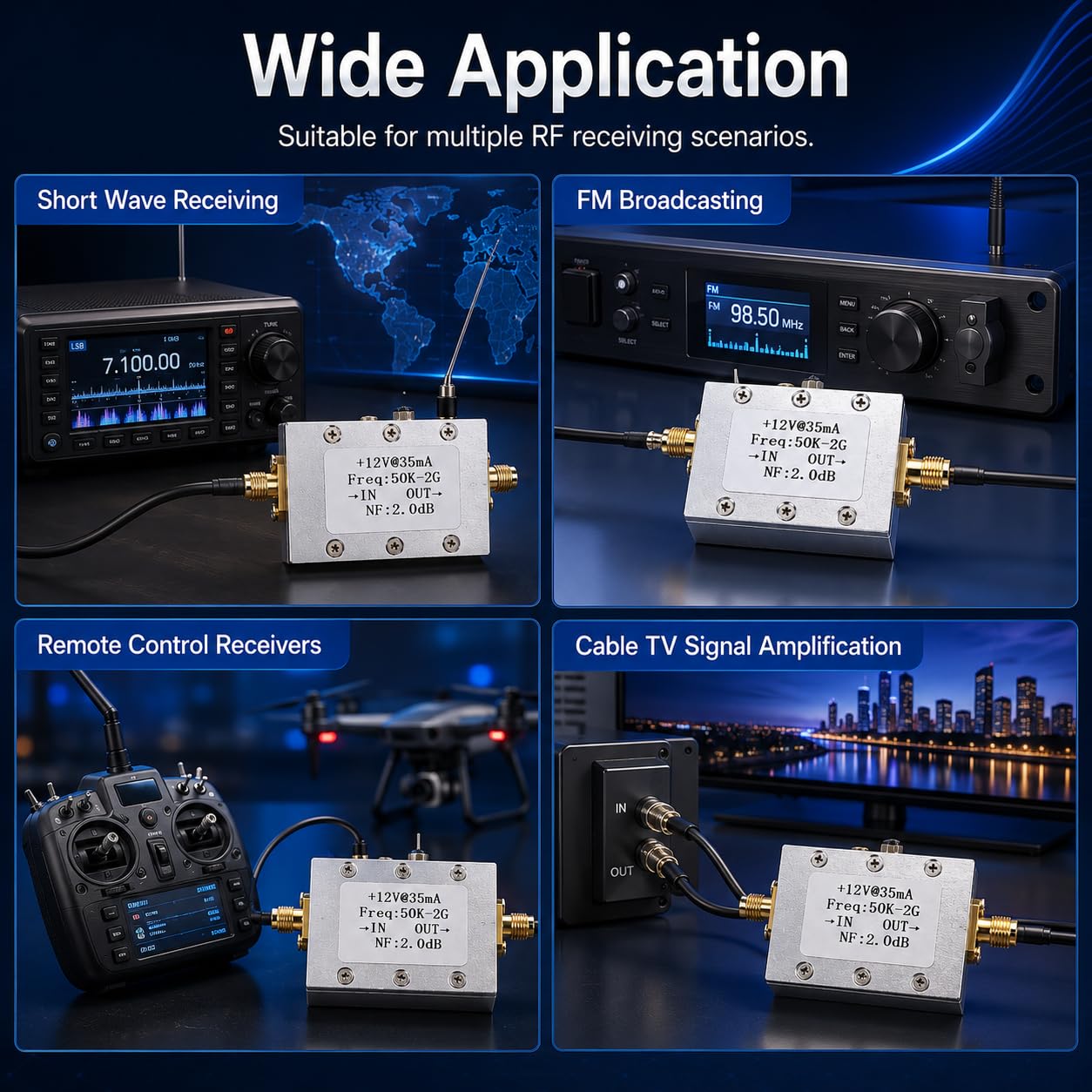 LNA-Breitbandverstärker, 50 kHz bis 2 GHz Rauscharmer Verstärker, 9–15V DC | 50 Ohm HF-Leistungsverstärker mit 31 DB Hohe Verstärkung, Leistungsvorverstärker, für FM Shortwave Kabelfernsehen Drahtlose