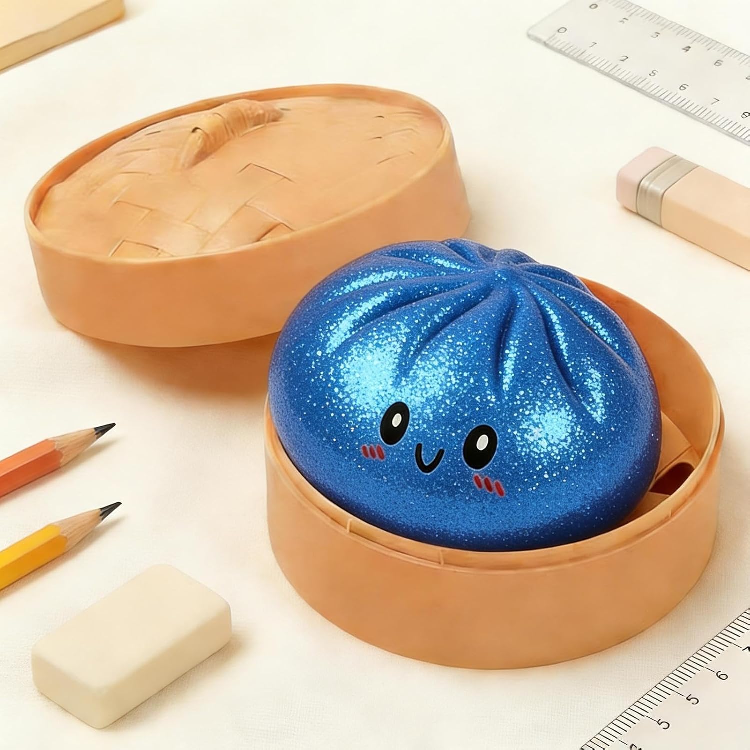 Soft Glitter Dumpling Toy, Dumpling Squishy Glitter, Funny Toy Stress Relief Bao Bun with Steamer, Soft Stress Ball Ravioli Squeeze Toys, for Children Adults