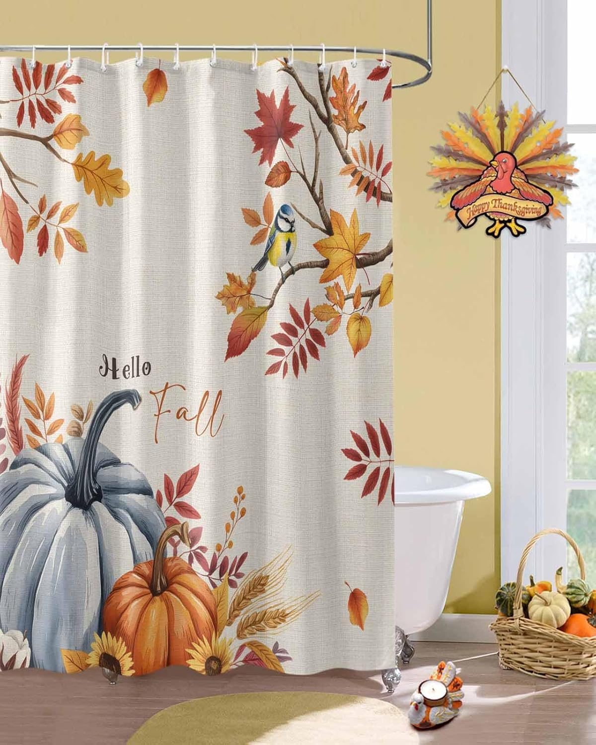 Hello Fall Shower Curtain 60x72 Inch, Vintage Blue Pumpkins with Maple Leaves Waterproof Bath Curtain with 12 Hooks, Thanksgiving Washable Polyester Wrinkle Free Shower Curtains for Bathroom Decor