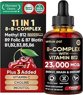 Vitamin B Complex Liquid Drops, B12 Methylcobalamin | B9 Folic | B1,B2,B3,B5,B6,B7 - Vitamin C, Choline, Inositol, Immune & Energy Metabolism, Brain & Heart Support