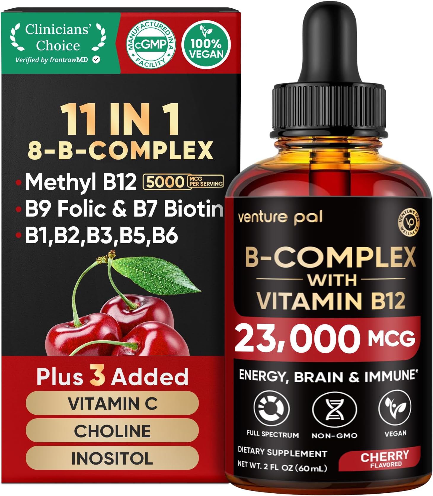 Venture Pal Vitamin B Complex Liquid Drops, B12 Methylcobalamin | B9 Folic | B1,B2,B3,B5,B6,B14 - Vitamin C, Choline, Inositol, Immune & Energy Metabolism, Brain & Heart Support