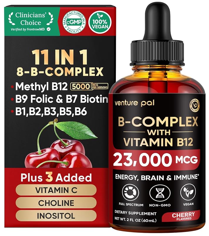 Venture Pal Complexo B líquido com vitaminas B1, B2, B3, B5, B6, B7, B9 e B12, vitamina C, colina e inositol, 23000 mcg, V2-cherry, 60 mL