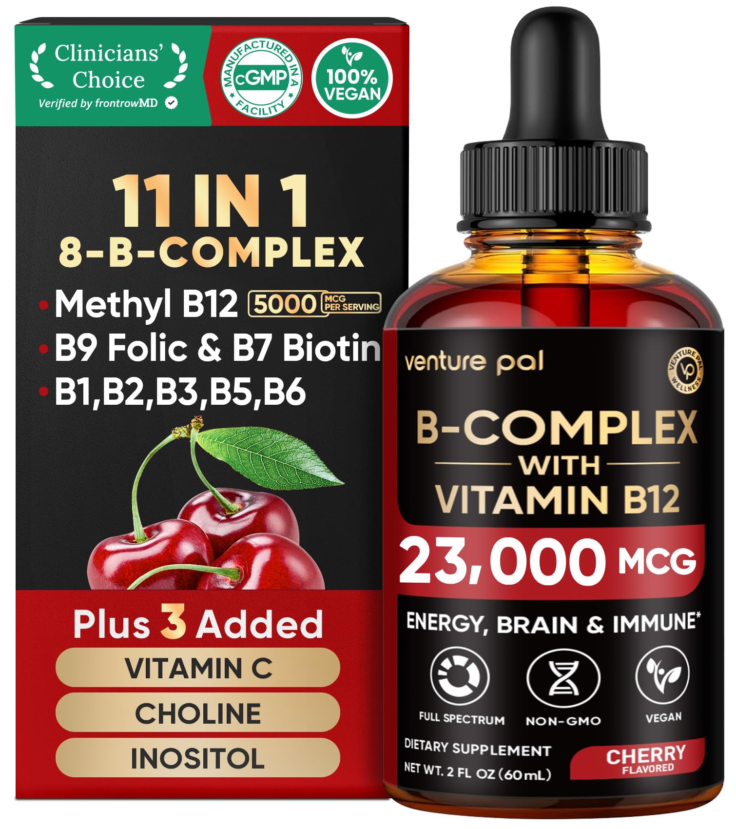 Vitamin B Complex Liquid Drops, B12 Methylcobalamin | B9 Folic | B1,B2,B3,B5,B6,B7 - Vitamin C, Choline, Inositol, Immune & Energy Metabolism, Brain & Heart Support