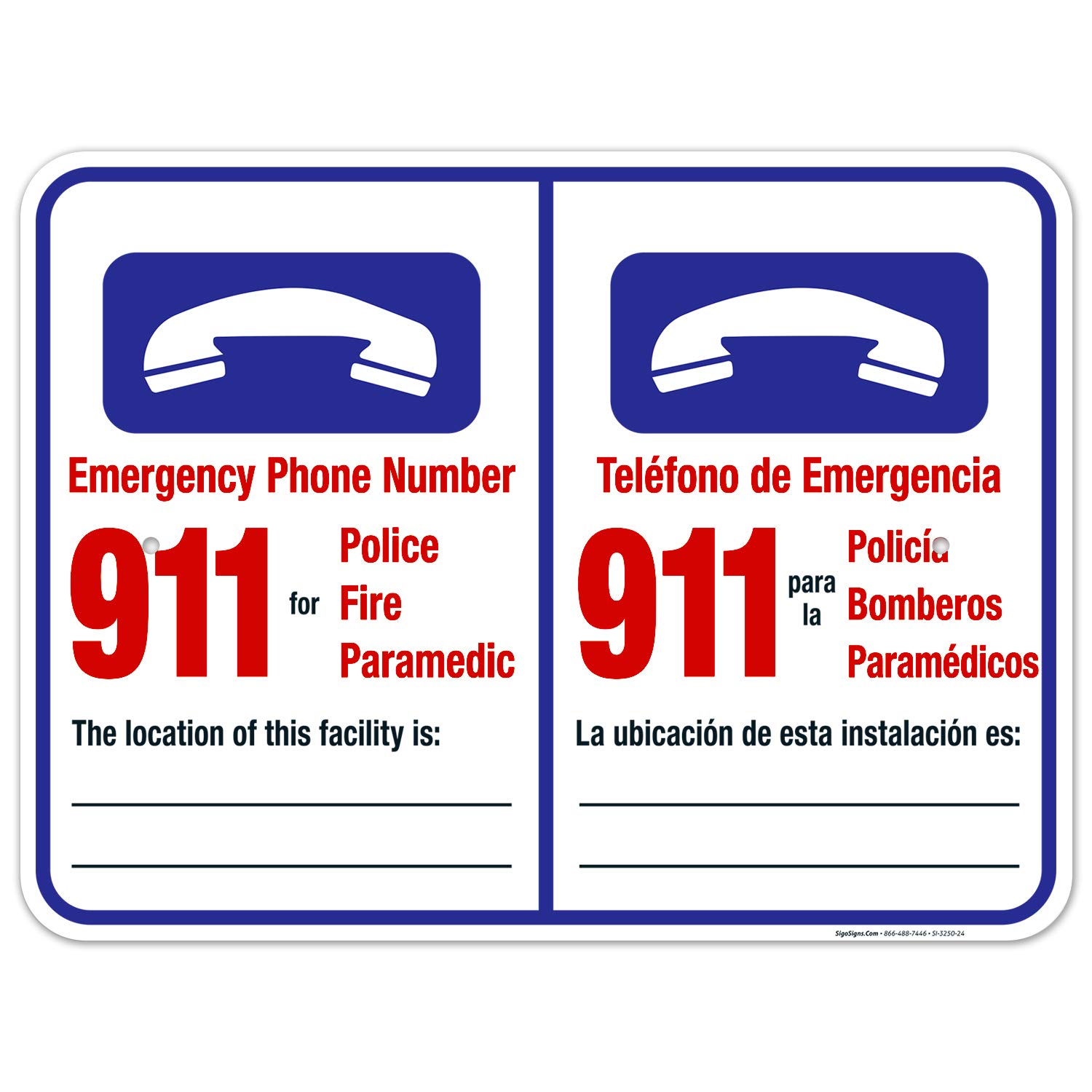 Pool Emergency Phone Number Sign, Bilingual English Spanish, 18x24 Inches, Rust Free .063 Aluminum, Fade Resistant, Easy Mounting, Indoor/Outdoor Use, Made in USA