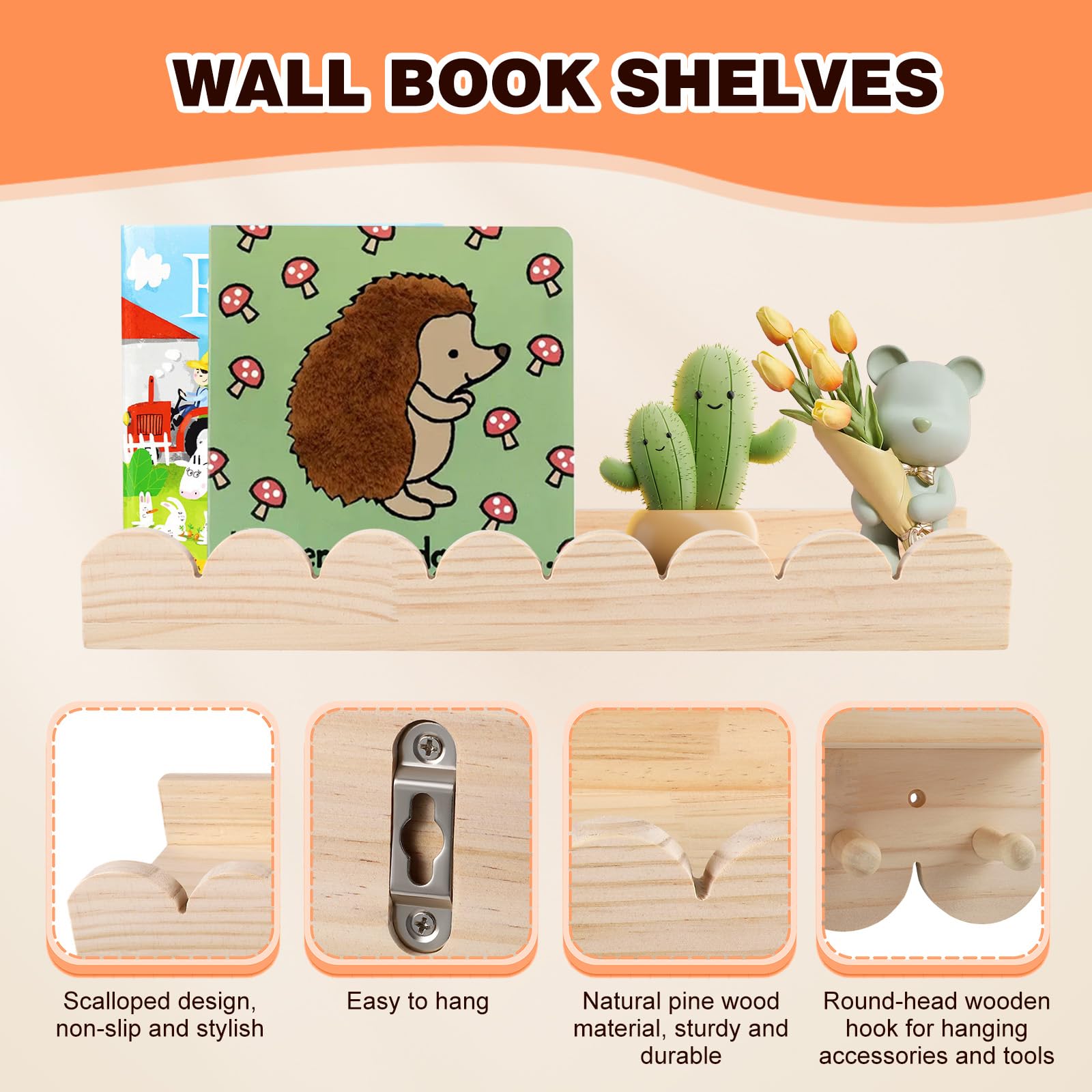 Juego de 4 estantes de pared de madera maciza para niños - Estantería con 6 ganchos para libros y juguetes - Estantería Montessori de 40 cm - Estantería flotante con curvas para niños y niñas