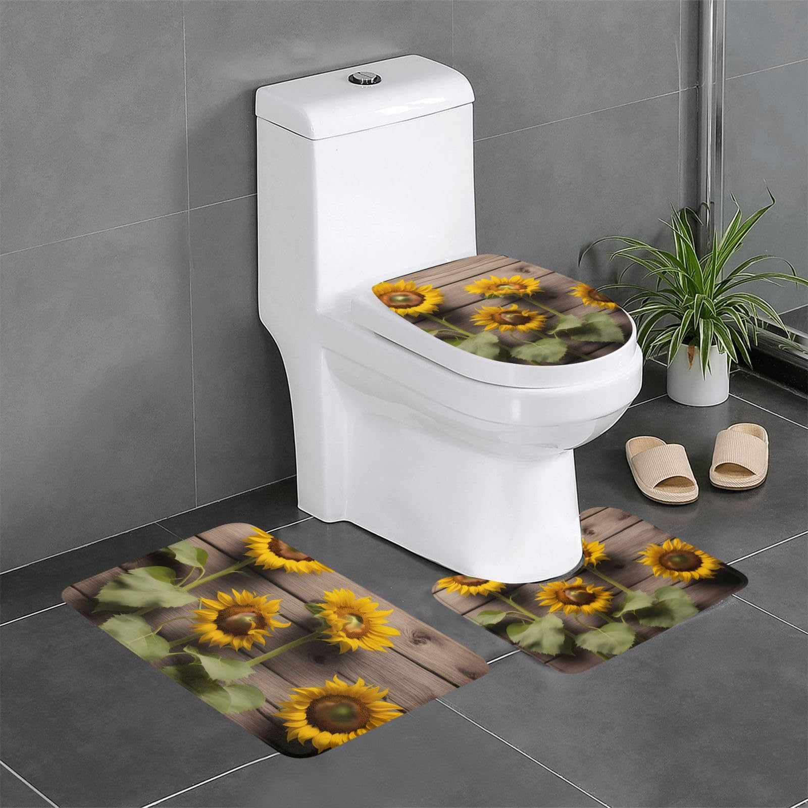 Tapis de salle de bain antidérapants lot de 3 motif tournesols et bois pour WC