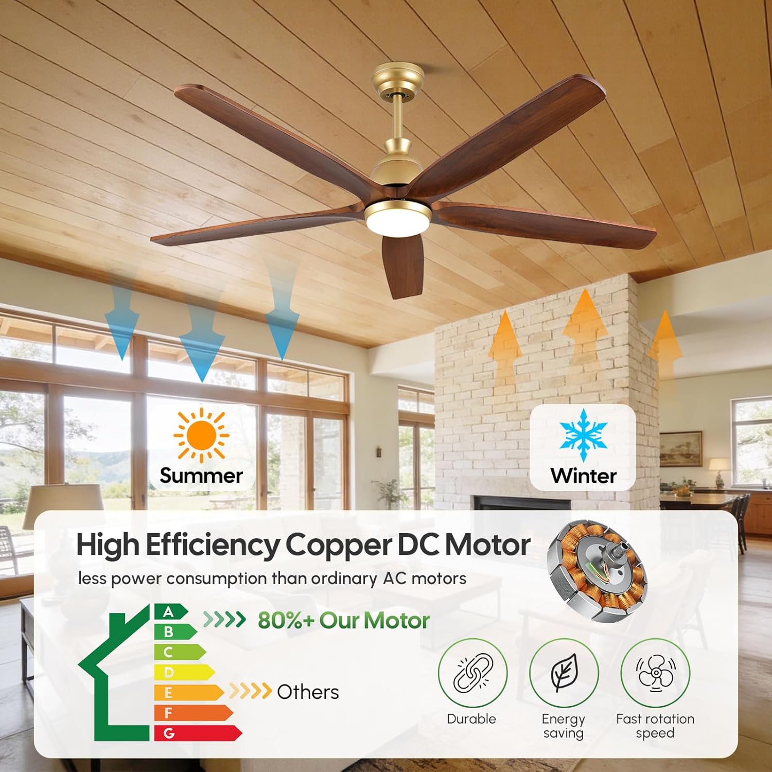 72 Inch Ceiling Fan with Lights, Gold Brass Finish, Solid Wood Blades, Outdoor Damp Rated for Patio Porch, High CFM Quiet DC Motor, Rustic Farmhouse Style for Large Living Room & Commercial Spaces