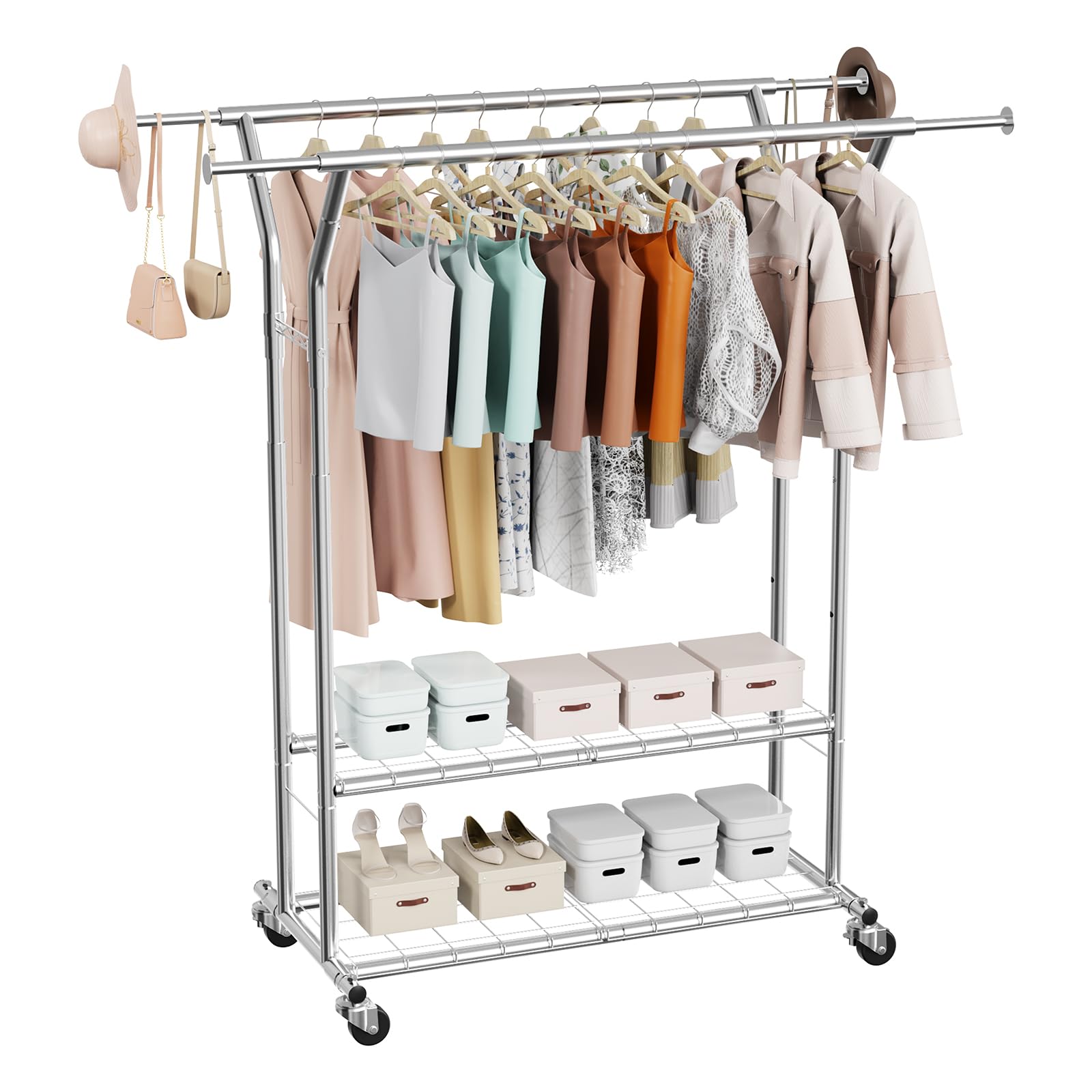 VEVOR Perchero Burro para Ropa de 2 Barras para Colgar y 2 Estantes, con Ruedas, Burro de Ropa Carga de 120 kg, Altura Ajustable, de Acero al Carbono, para Dormitorio, Lavandería, Sala de Estar