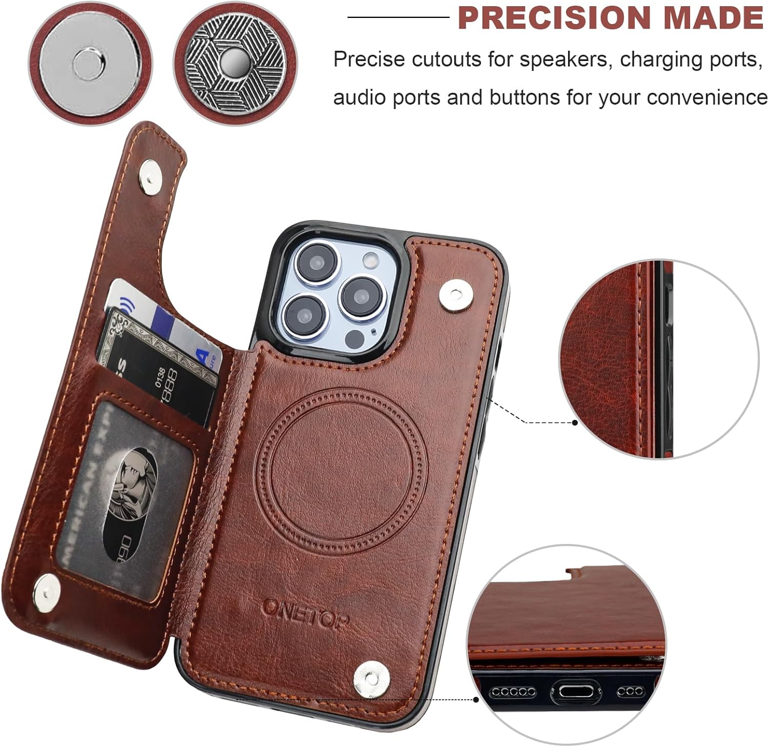 ONETOP Compatible with Magsafe for iPhone 13 Pro Wallet Case with Card Holder, PU Leather Kickstand RFID Blocking Case, Double Magnetic Clasp and Durable Shockproof Cover 6.1 Inch (Brown) - Image 9