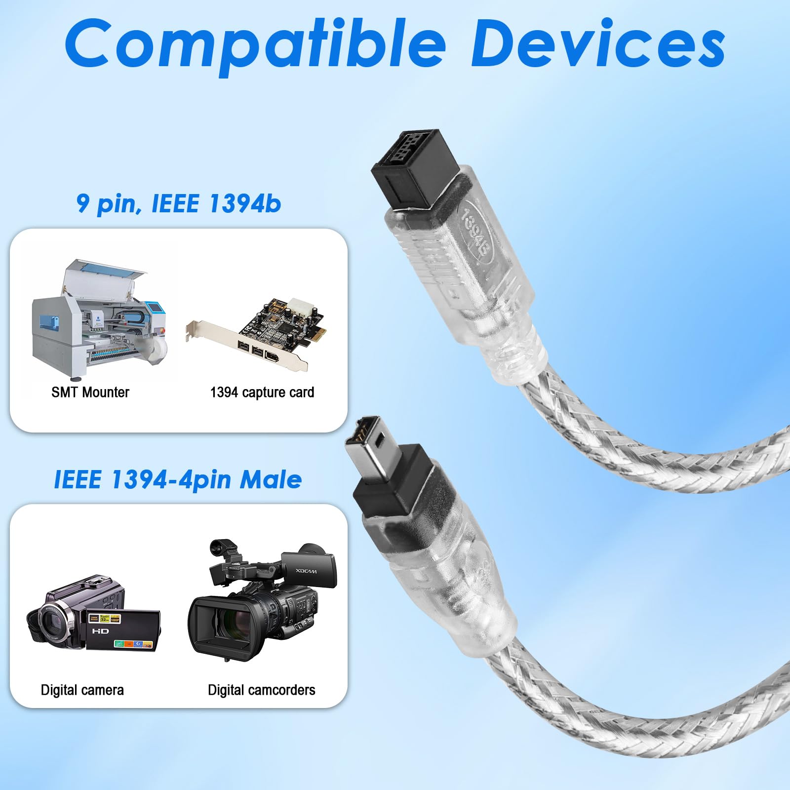 Herfair Câble FireWire IEEE 1394B, 9 broches vers 4 broches mâle vers mâle, adaptateur de transfert de données, convertisseur FireWire 400 DV iLink pour ordinateur portable vers caméscope, caméra DV