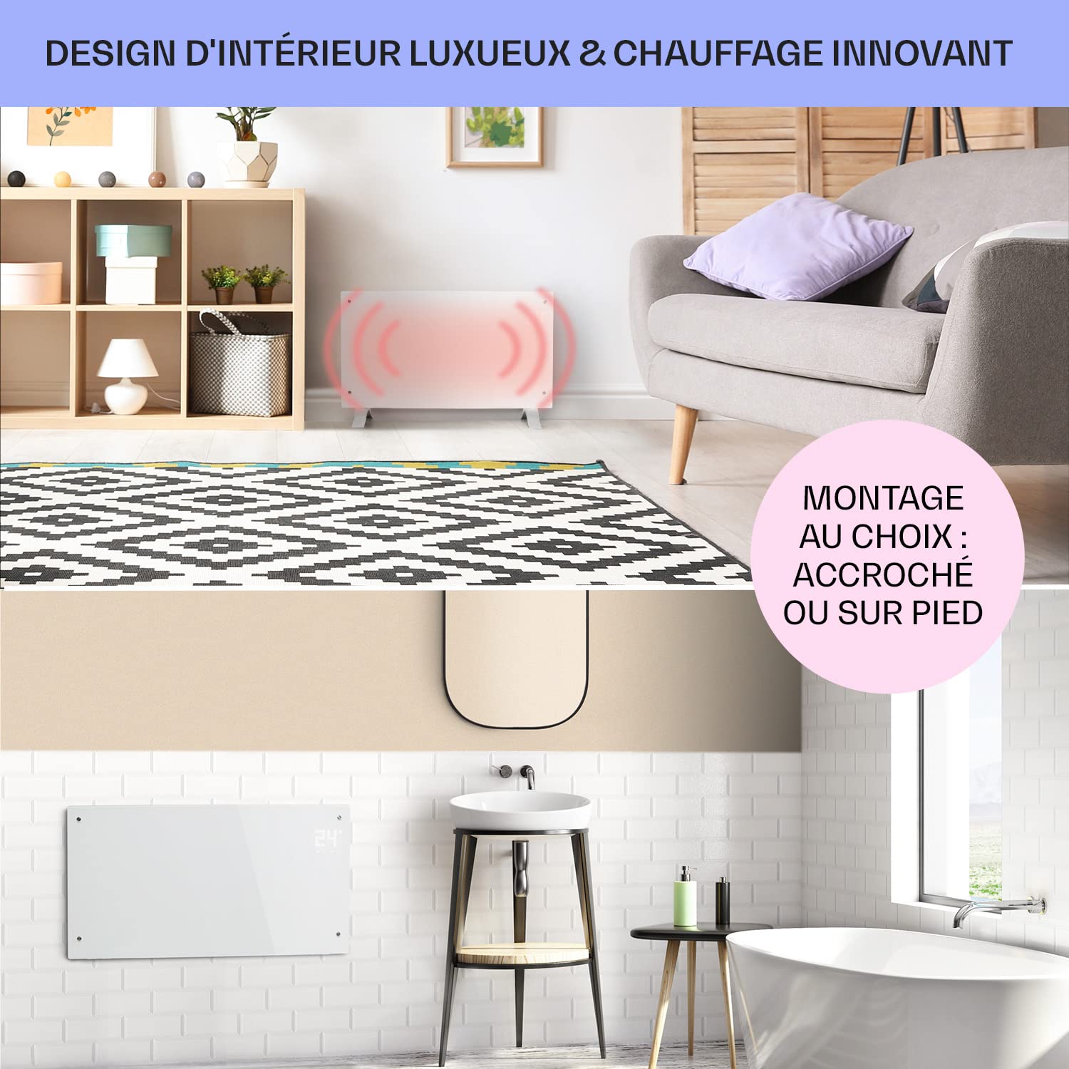 KLARSTEIN Bornholm Curved Smart - radiateur convecteur, écran tactile LED, minuterie, contrôle par appli, 1000 et 2000 W, thermostat 5-45 ° C, affichage de la température, mode éco - blanc