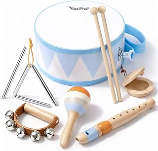 Vanplay 6-Piece Wooden Drum Set for Toddlers 2-4 - Montessori Musical Instruments with Snare Drum, Recorder, Bells - Ideal Birthday Gifts for Boys 3-5