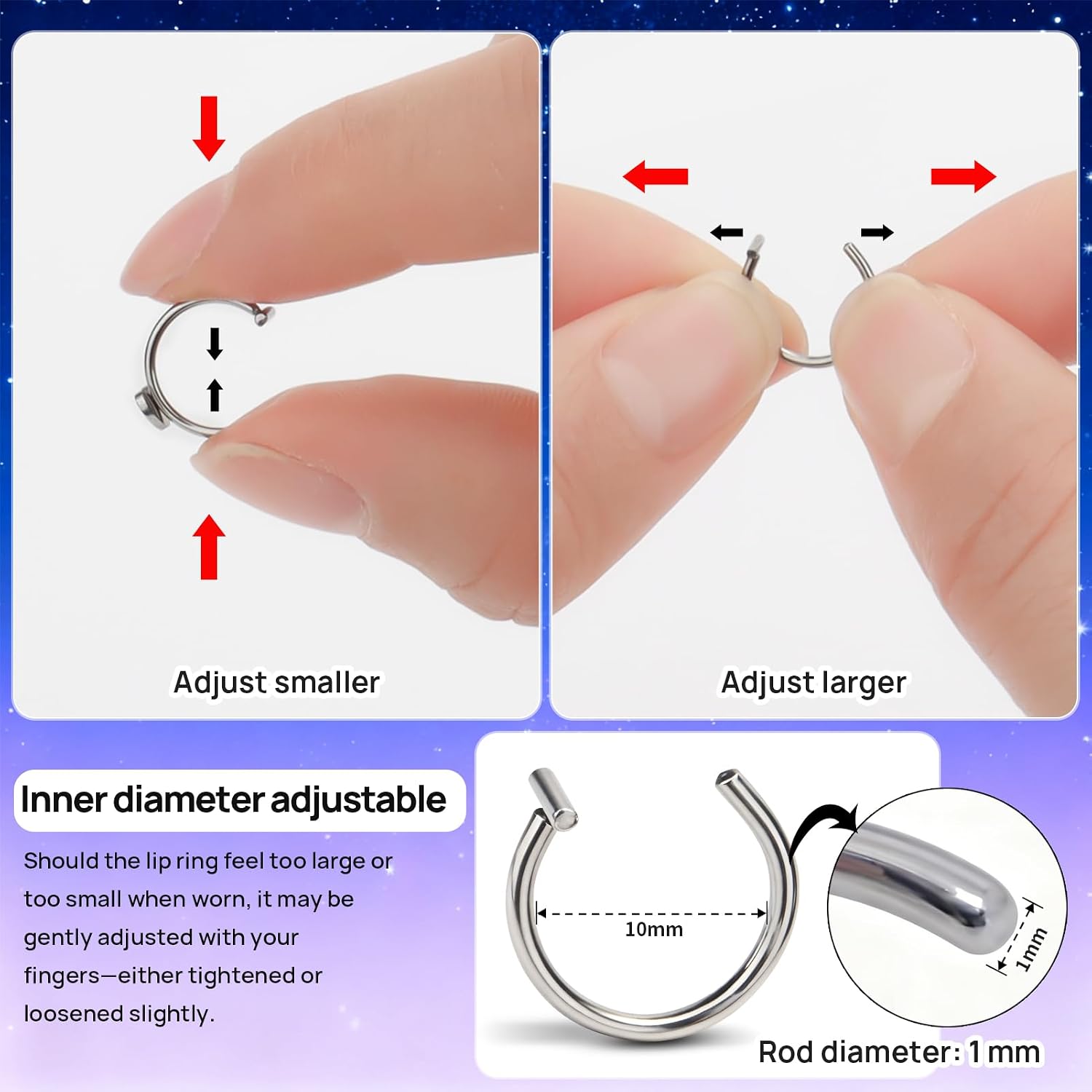 8 Pcs Fake Lip Piercing, Non Piercings Lip Ring, Adjustable Snake Bite Jewelry Vampire Teeth Fangs for Woman Men