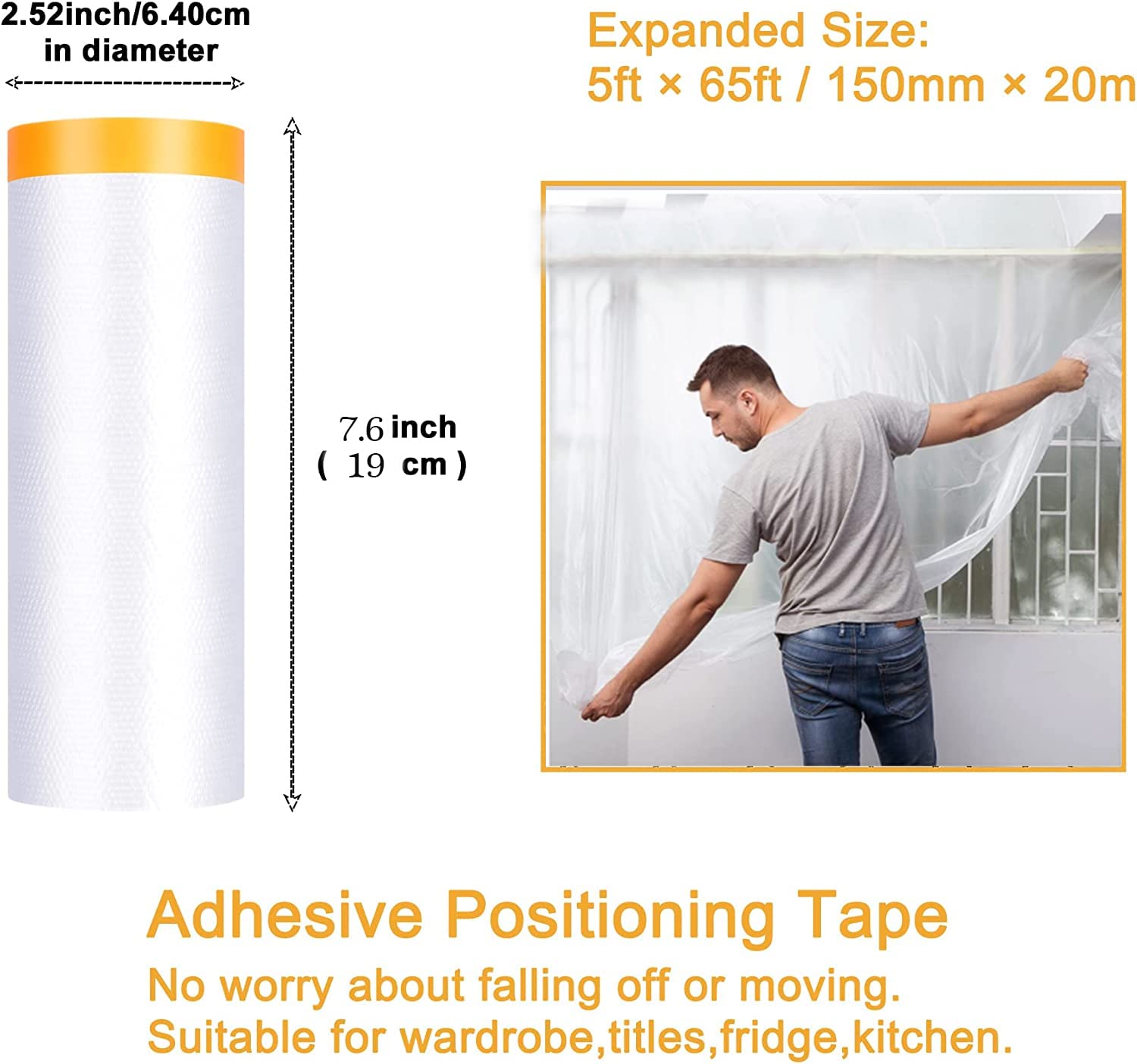 Painters Plastic With Tape, Pre-Taped Masking Film, 4 Rolls Automotive Best Tape and Drape, Paint Adhesive Protective Film Roll for Covering Skirting, Frames, Cars and Auto Body (5 X 65-Feet)